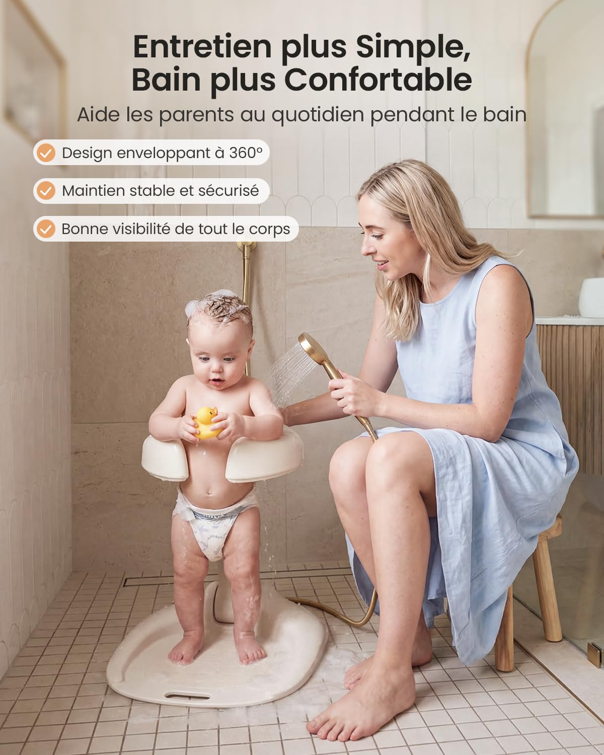 Grownsy Support Baignoire Bébé dès 6 Mois, Support Douche Bébé Debout Pliable et Réglable avec Base Antidérapante pour Bébés et Jeunes Enfants