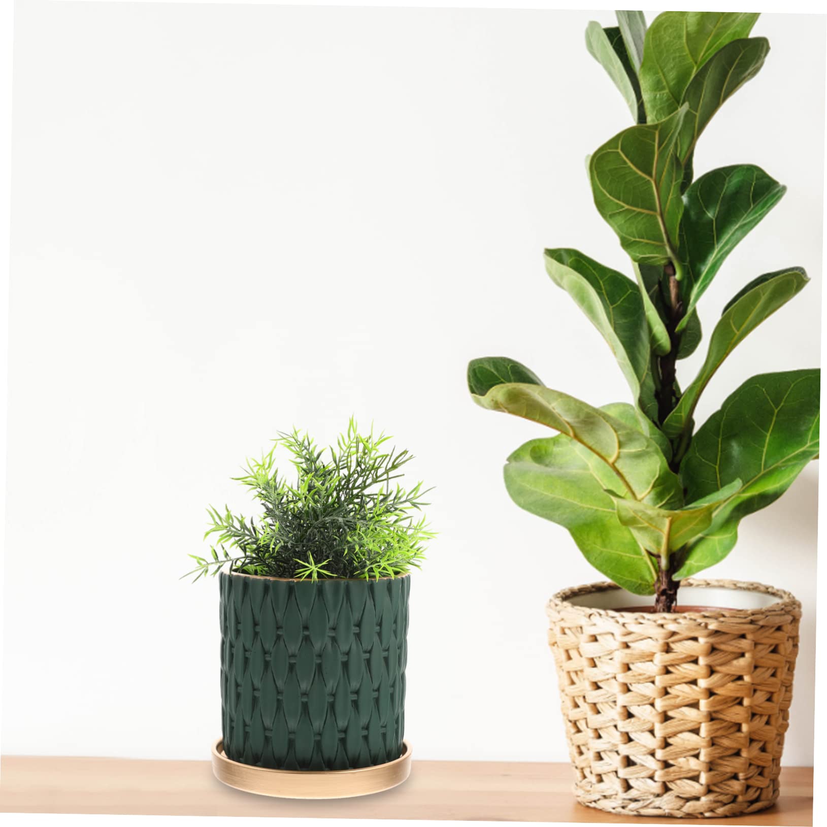 TOYANDONA Pot de Fleurs en Ciment avec Plateau Texture Agréable et Finition Soignée Style Européen Tressé Imitation Rotin, Jardinière Créative pour Plante D'intérieur ou Extérieur
