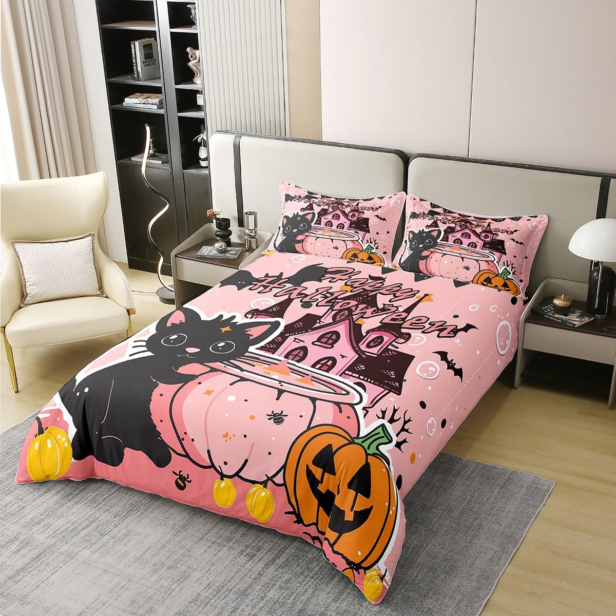 Halloween Castle Cotton Duvet Cover,Wild Cat Pumpink Cartoon Bats Breathable Comforter Cover (Not Comforter),Cute Halloween Cartoon Graffiti Boys Girls Comforter Cover 3 Pcs with 2 Pillowcases Full