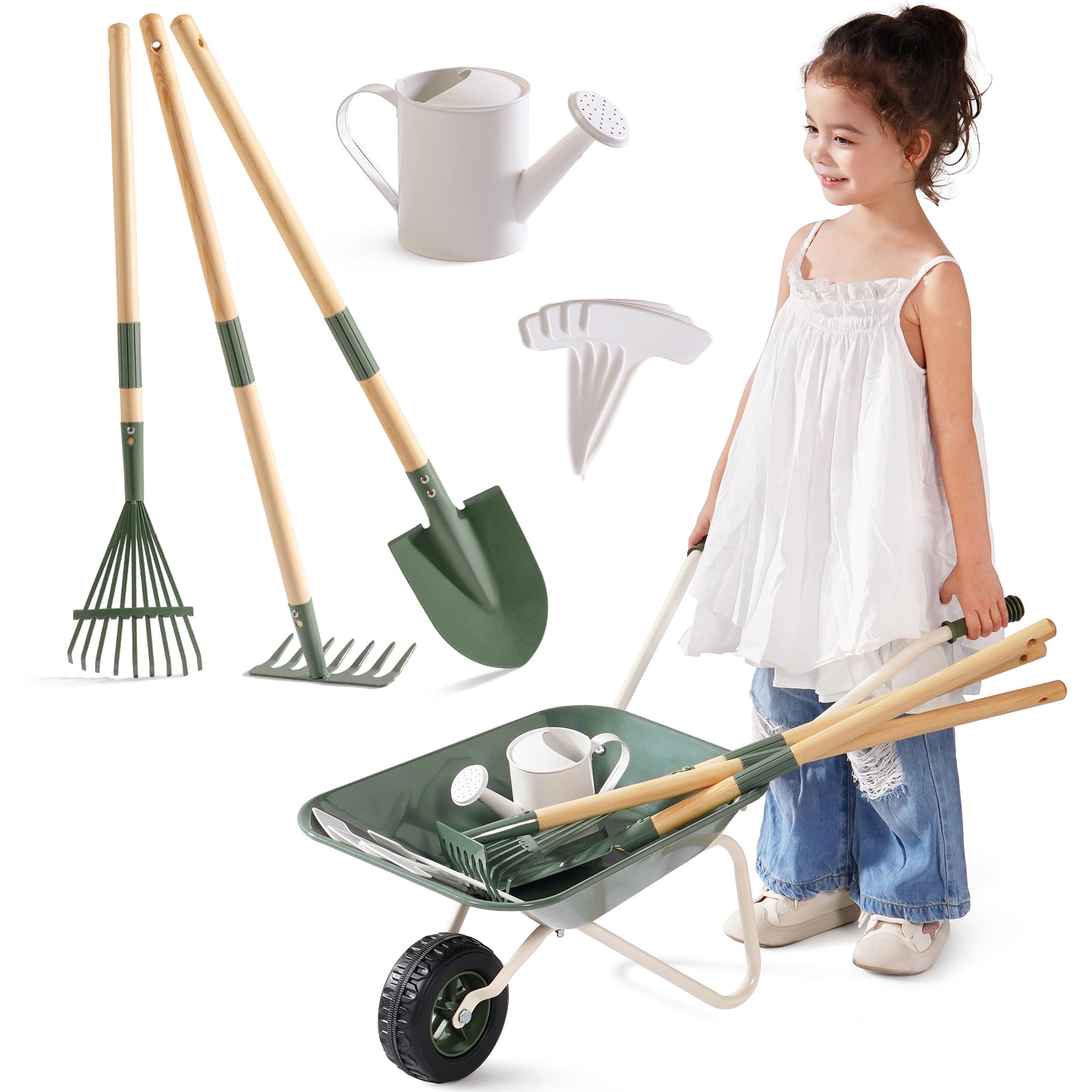 ROBOTIME Carriola in metallo per bambini, 5 pezzi, verde oliva, grande set da giardino con manico in legno di pino regolabile, annaffiatoio, rastrello, pala, per ragazzi e ragazze dai 3 anni in su