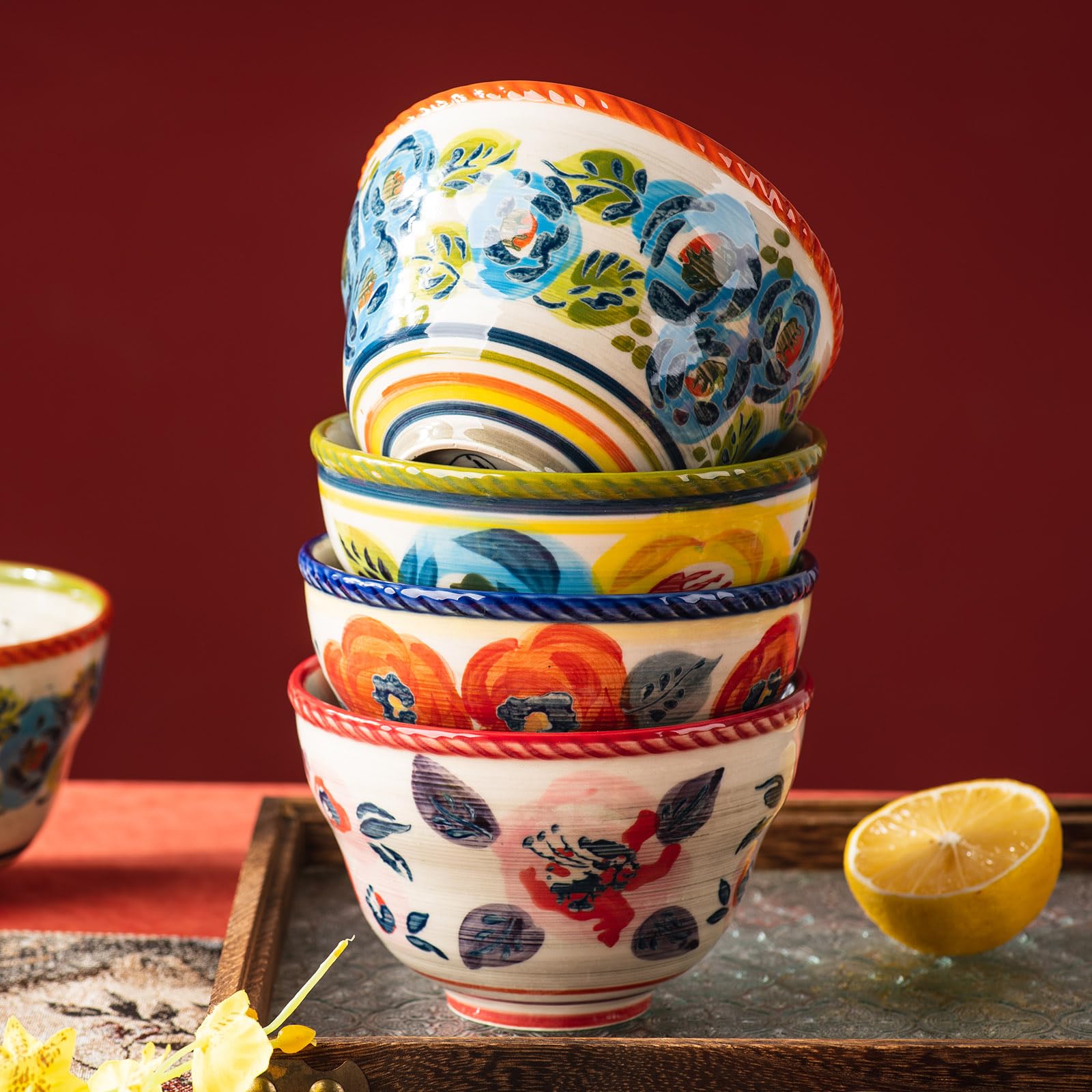 Porzellan, Dessertschalen, Müslischalen, 12,7 cm, 4 Stück, verschiedene Farben, ideal als Müsli-, Suppen-, Snack-, Reis- und Salatschüsseln, mikrowellen-, ofen- und spülmaschinenfest, 530 ml,