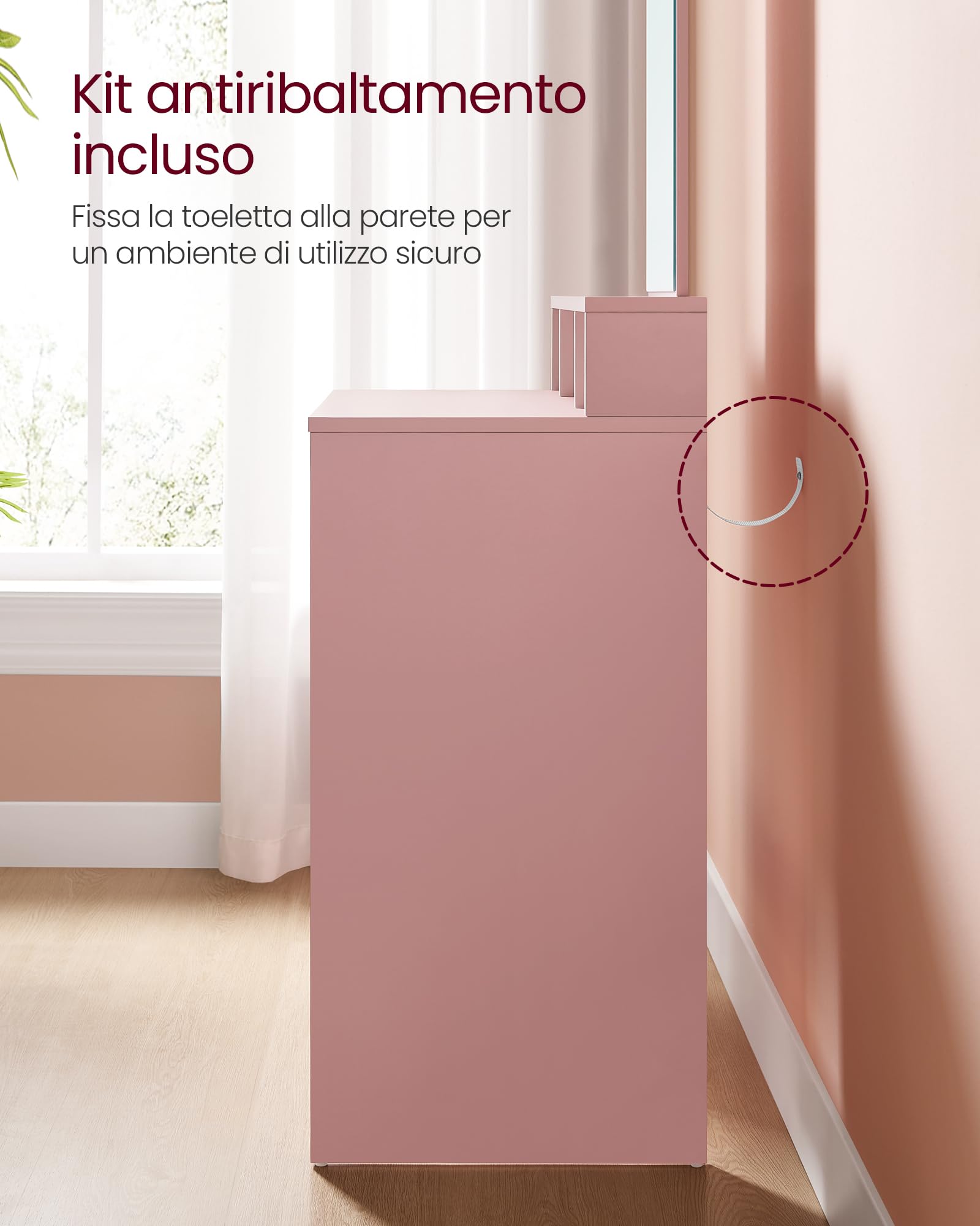 VASAGLE KAILYN Collezione - Toeletta con Specchio Grande, Postazione Trucco con 2 Cassetti e 3 Scomparti, Tavolo da Trucco, Stile Moderno, 40 x 60 x 127 cm, Rosa Pastello RDT103R01