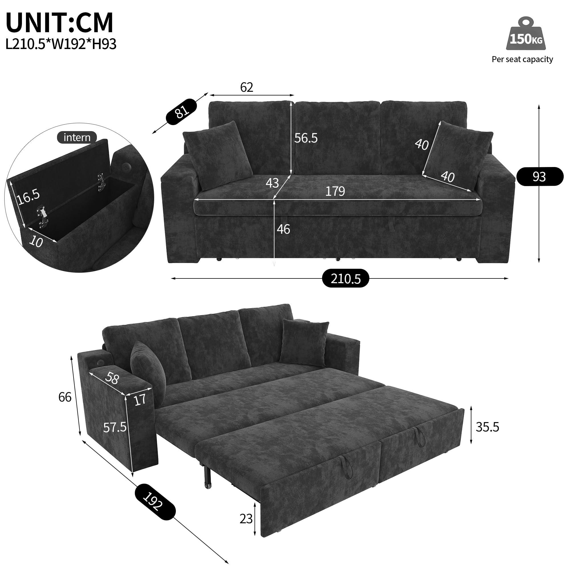 3-in-1 multifunktionales 3-Sitzer Sofa mit Schlaffunktion, ausziehbarem Metallrahmen, Stauraum, Armlehnen-Ablage, Grau.