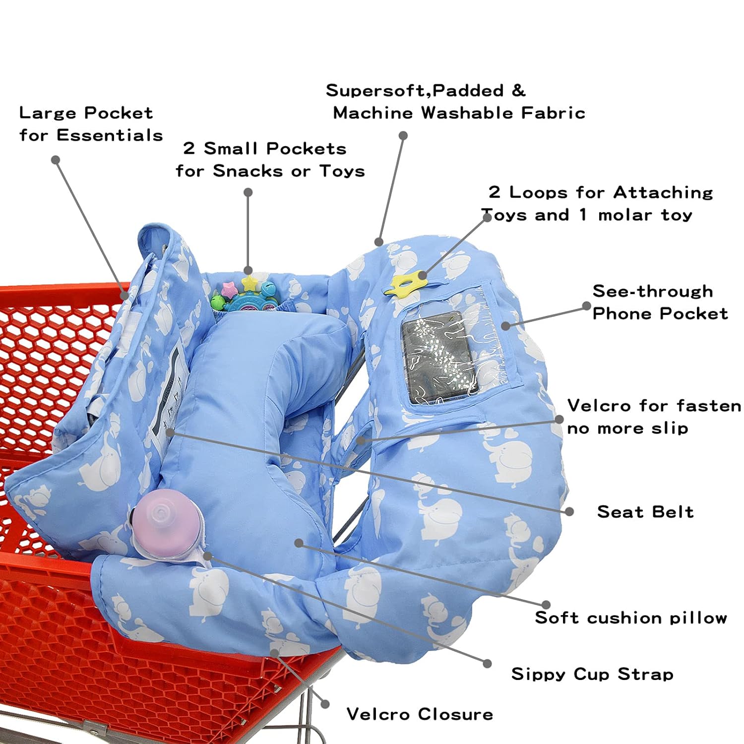 Baby Shopping Cart Cover with Pillow&2-in-1 High Chair Cover~Blue Elephant : Baby
