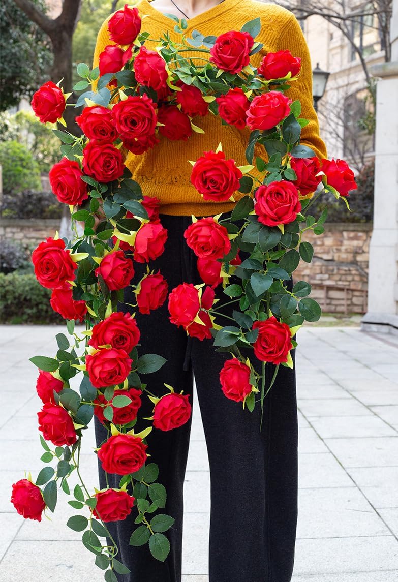 2Pcs 12Ft Bendable Artificial Flower Garland Faux Rose Vine Hanging Floral Garland for Wall Decor Trellis Fence Home Room Garden Wedding Decoration(Red, 2pcs)