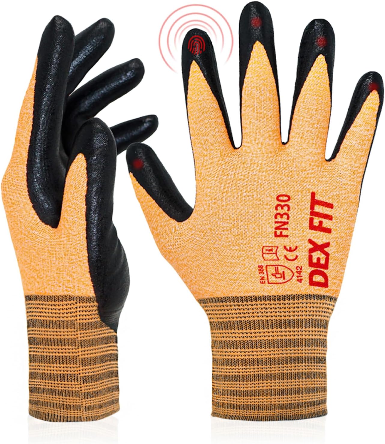 DEX FIT FN330 Work Gloves, 3D Adaptation Comfortable and Stretchy, Gripping, Durable Nitrile Foam Coating, Smart Touch, Thin and Light, Washable (XL, Fn330 Orange 3pr)