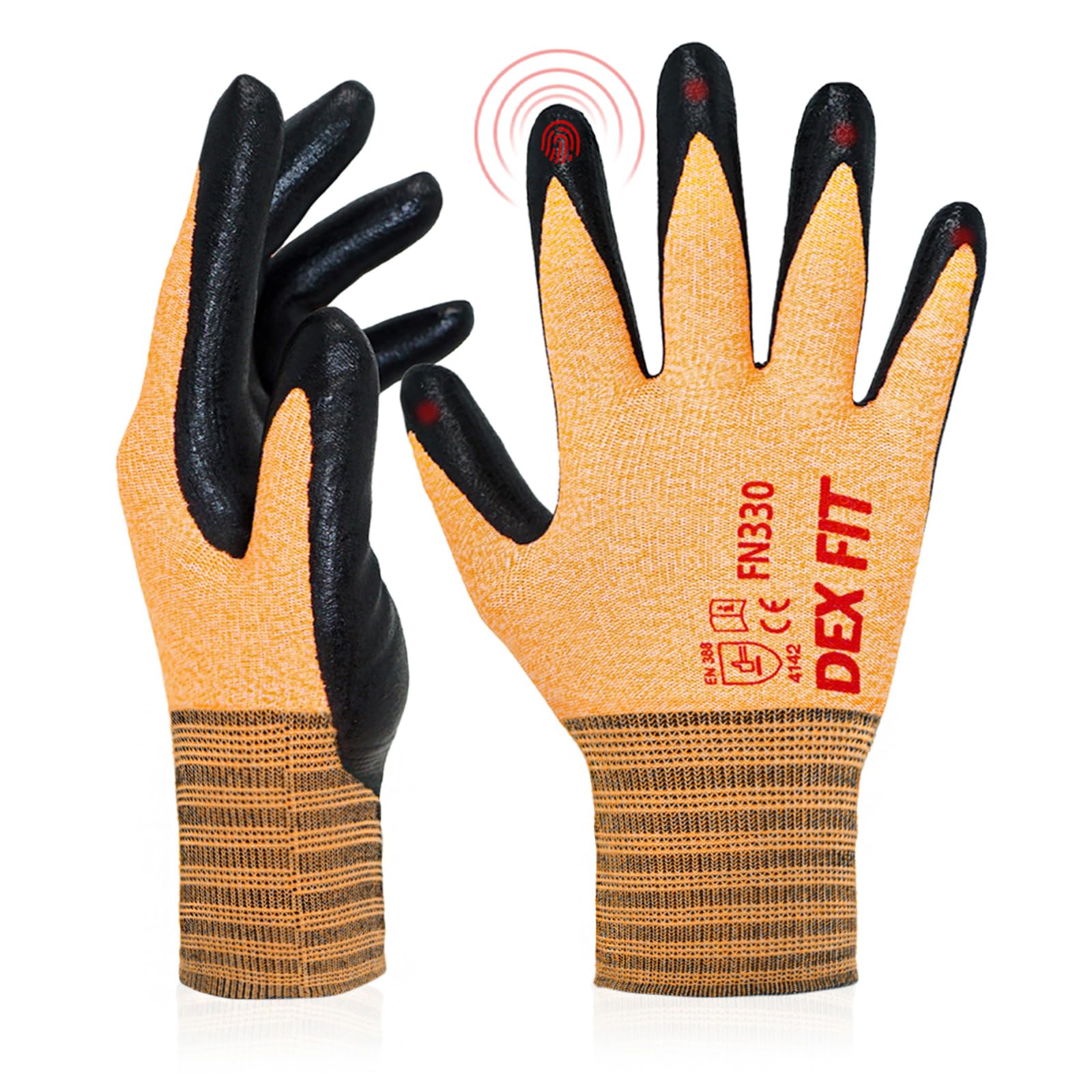 DEX FIT FN330 Work Gloves, 3D Adaptation Comfortable and Stretchy, Gripping, Durable Nitrile Foam Coating, Smart Touch, Thin and Light, Washable (XL, Fn330 Orange 3pr)