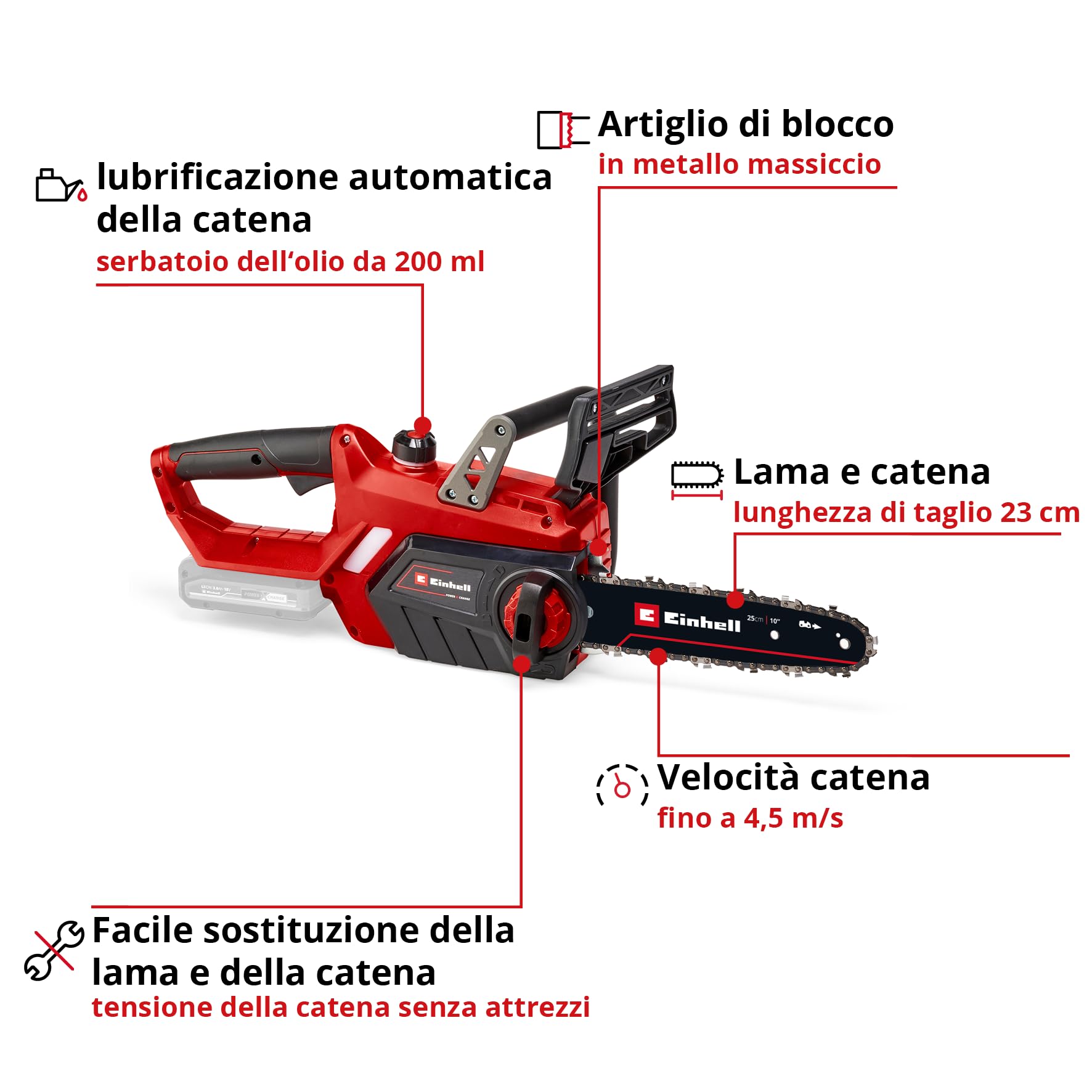 Einhell motosega a batteria GE-LC 18/25 Li-Solo Power X-Change (ioni di litio, 18 V, barra/catena di qualità OREGON, protezione antirimbalzo, perno di arresto catena, senza batteria e caricabatteria)