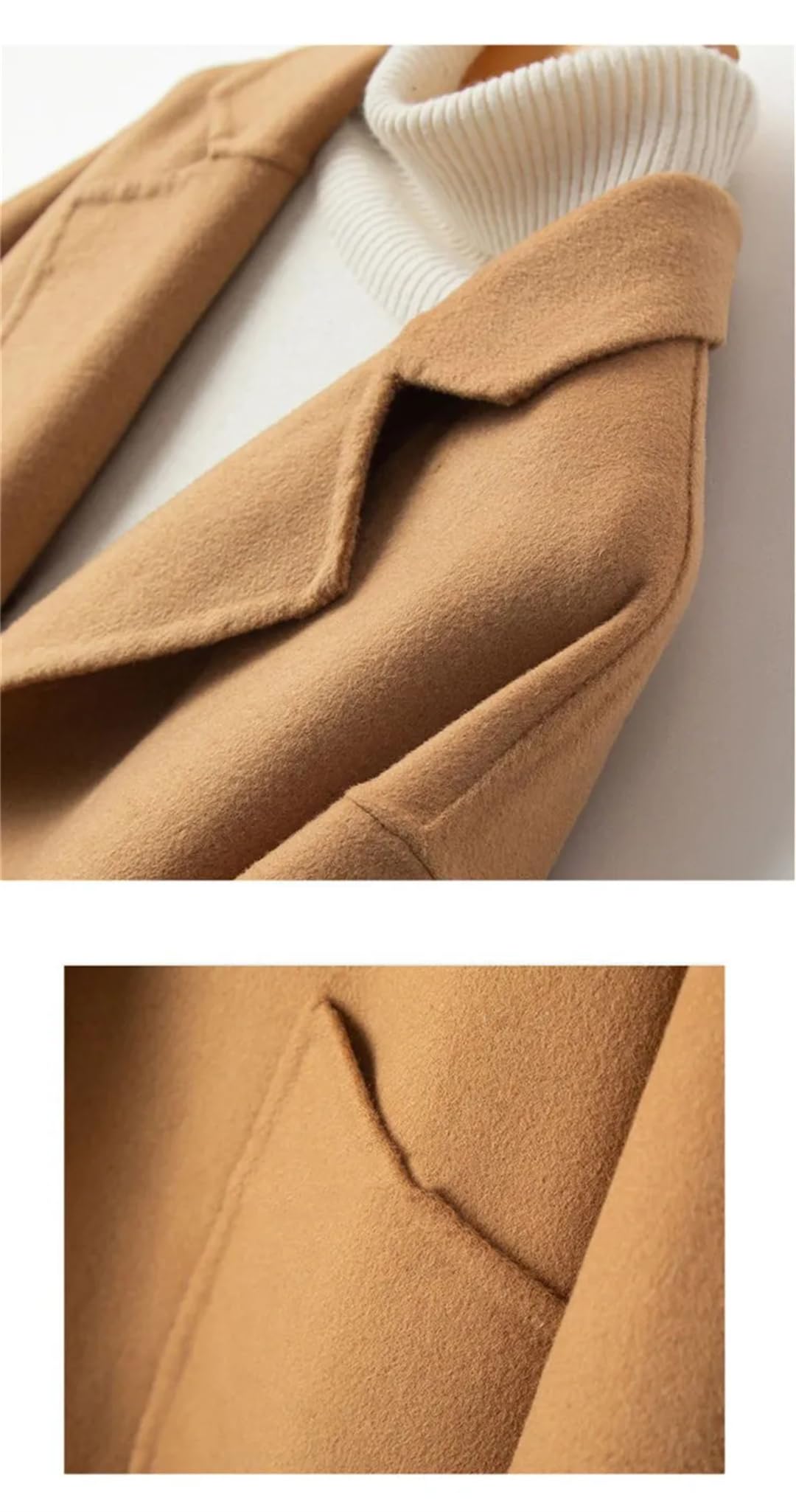 Hdhdeueh Abrigo de lana de doble cara para mujer, manga larga, mezcla de lana, chaqueta con cinturón