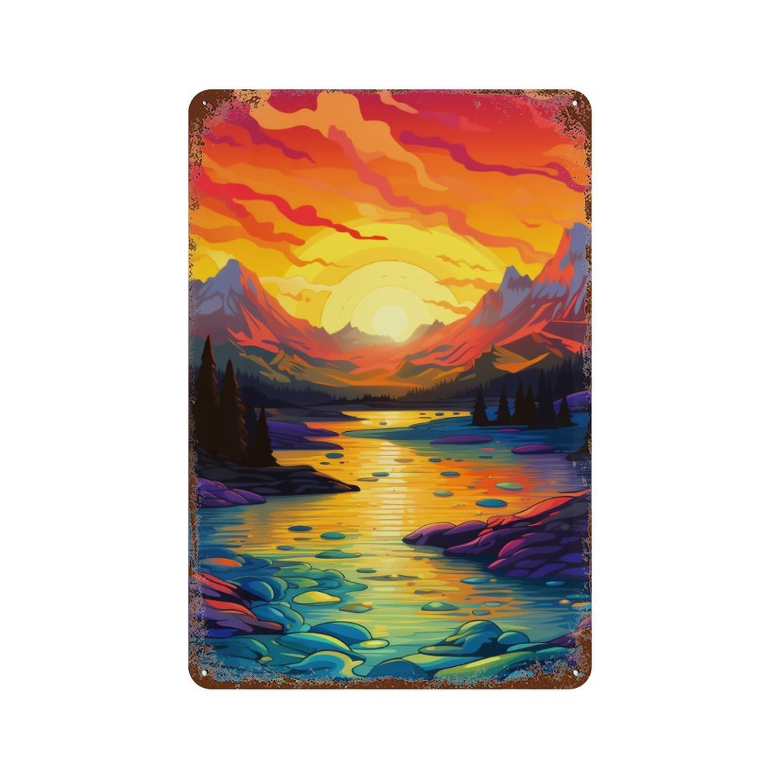 Garage Style Sunset River Landscape Distressed Metal Wall Sign 11.8"x7.9", Farmhouse Wall Decor for Bar And Workshop