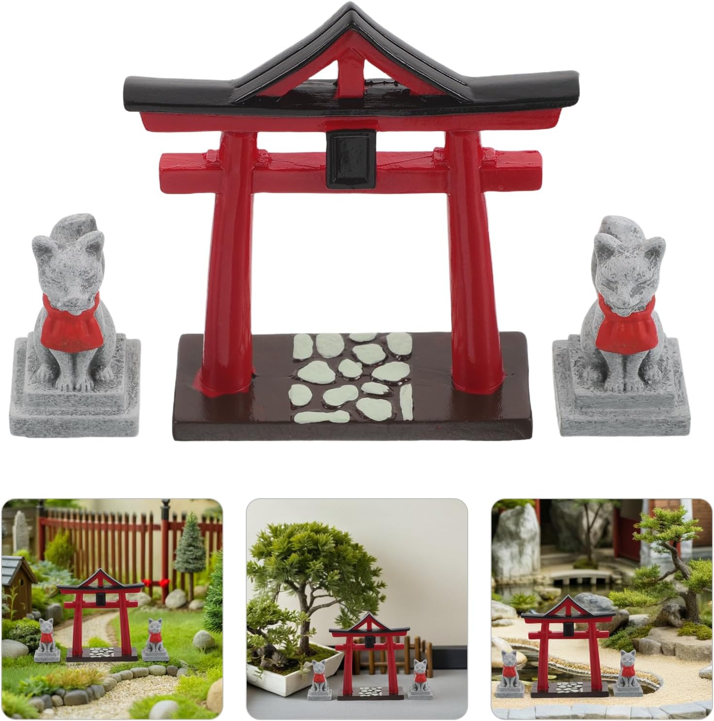 Miniature Japanese Torii Gate Shinto Shrine with Sacred Fox Figurine for Garden Moss Micro Landscape Decor Bonsai Supplies