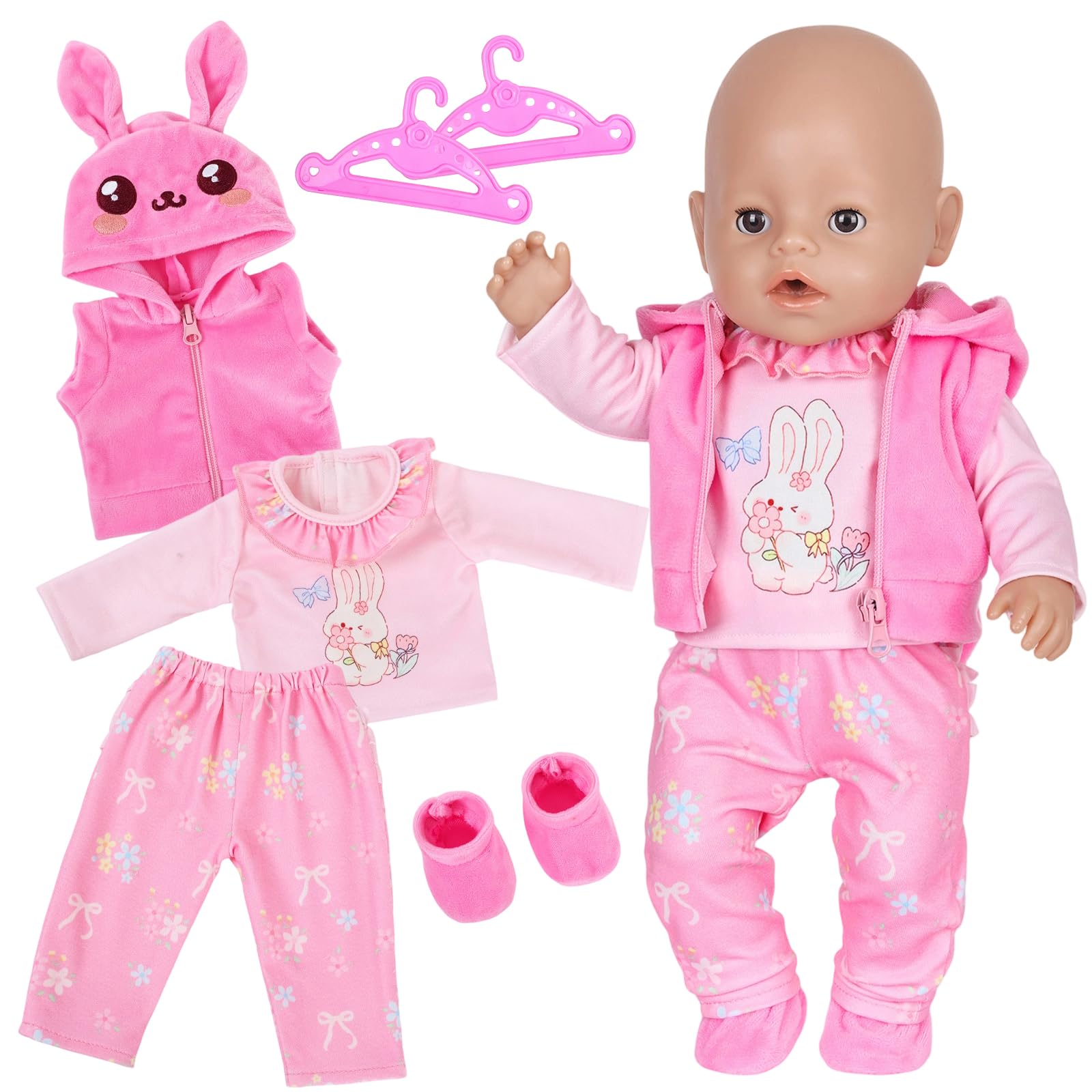6 Pcs Doll Clothes for 14-17 Inch Baby Dolls, Cute Doll Clothes Set with Hooded Jacket, Ruffled Top, Trousers, Socks & Hangers, Pink 34-43cm Doll Clothes for Kids Birthday