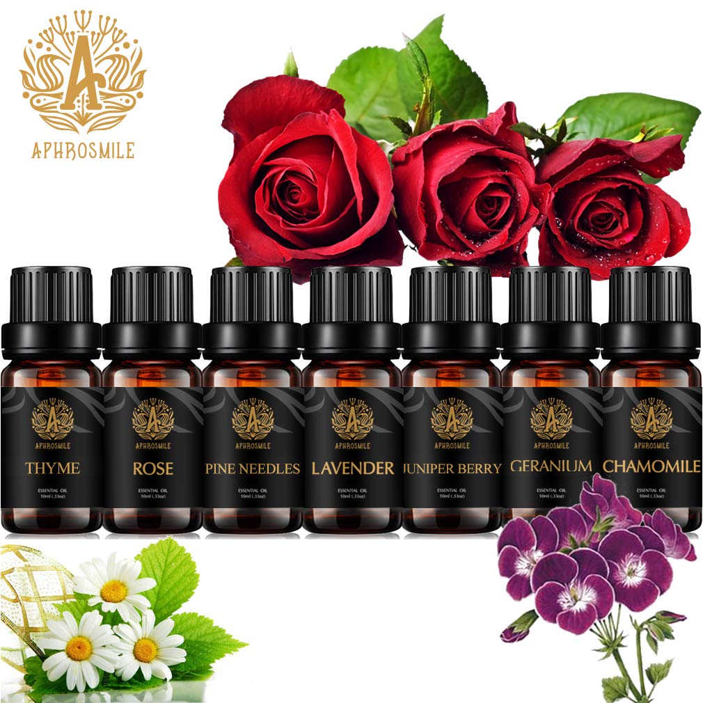 Aromaterapia aceite esencial set para difusor, 100% puros aceites esenciales, 7X10mlaceites esenciales Set-manzanilla, geranio, lavanda, agujas de pino, rosa, tomillo aceite etc