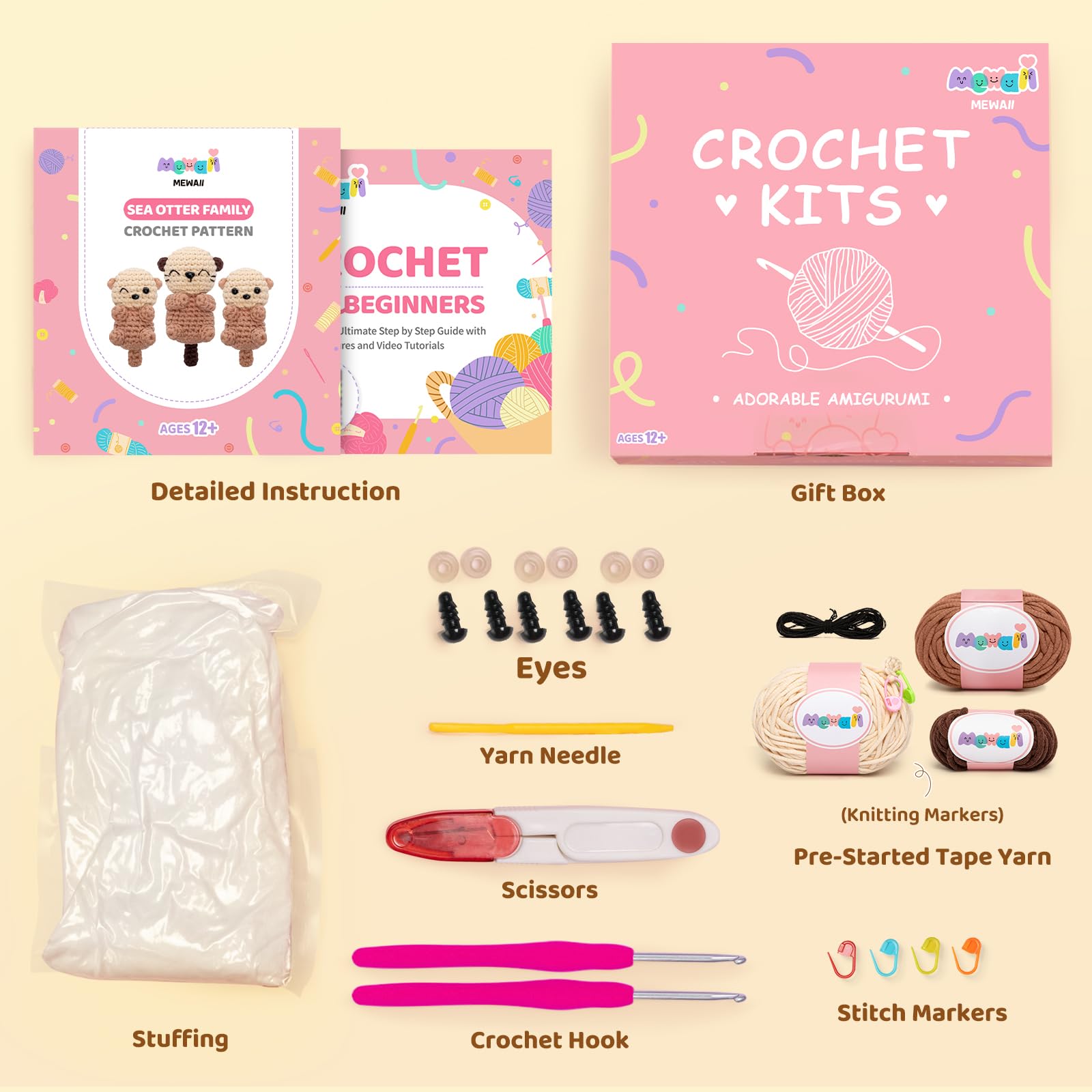 Mewaii - Kit de ganchillo para principiantes nivel 1 con un 40 % de hilo extra fácil preiniciado ecológico, tutoriales en vídeo paso a paso (pack de 3 unidades de familia de nutria marina)