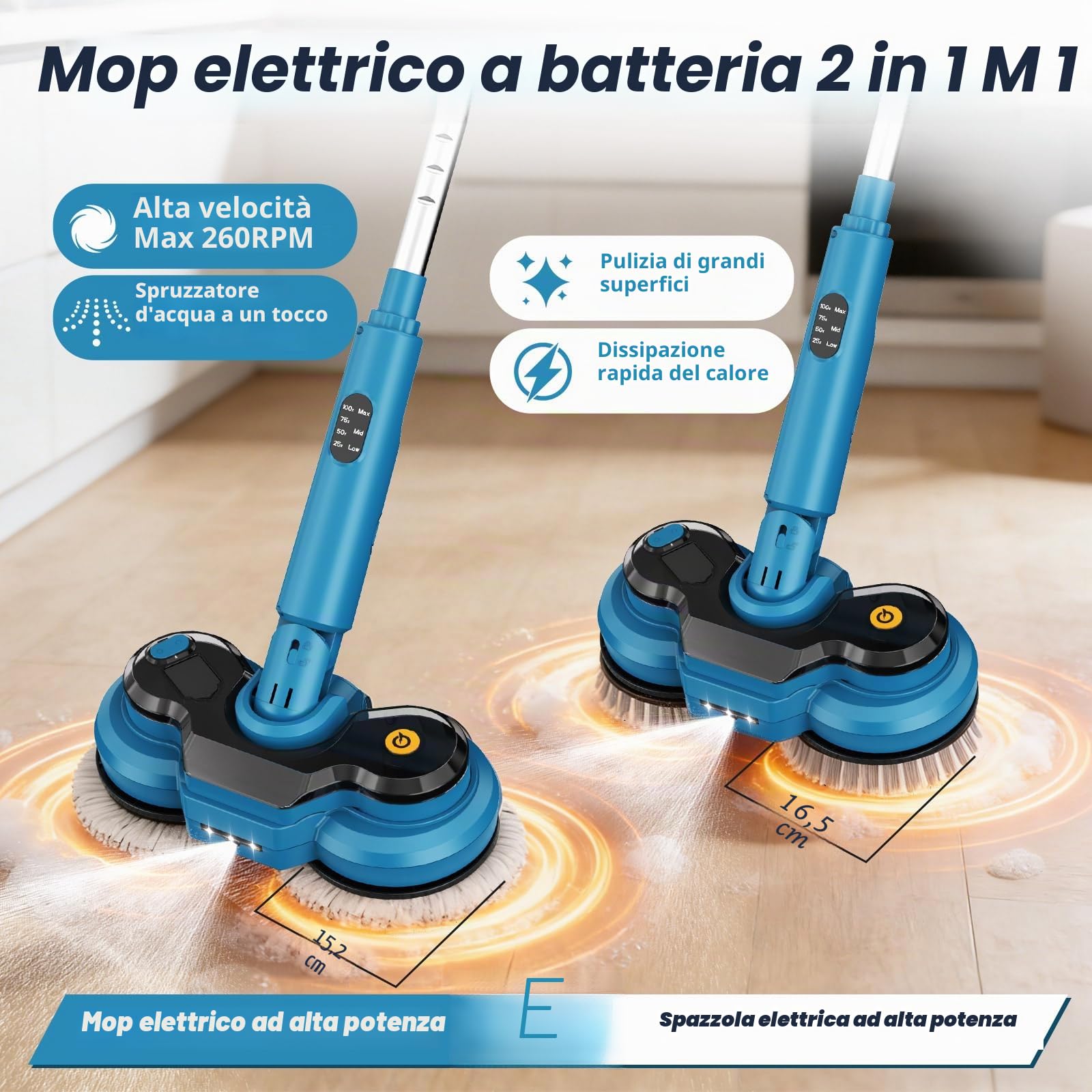 Mocio Elettrico Cordless da 21V, 300ML Serbatoio, Illuminazione a LED, 4 Cuscinetti, Mop Elettrico Lavapavimenti senza Fili con Faro LED e Spruzzatore, per Pavimenti in Legno Duro e Piastrelle