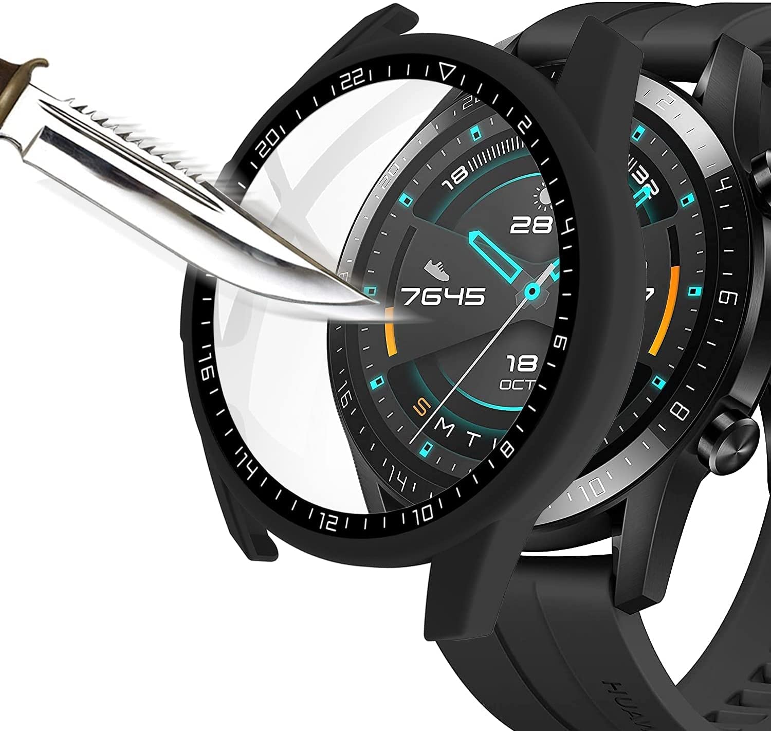 PHOCAR Pc Protective Case With 9h Hardness Tempered Glass Screen Protector For Huawei Watch Gt 2 46mm - Black