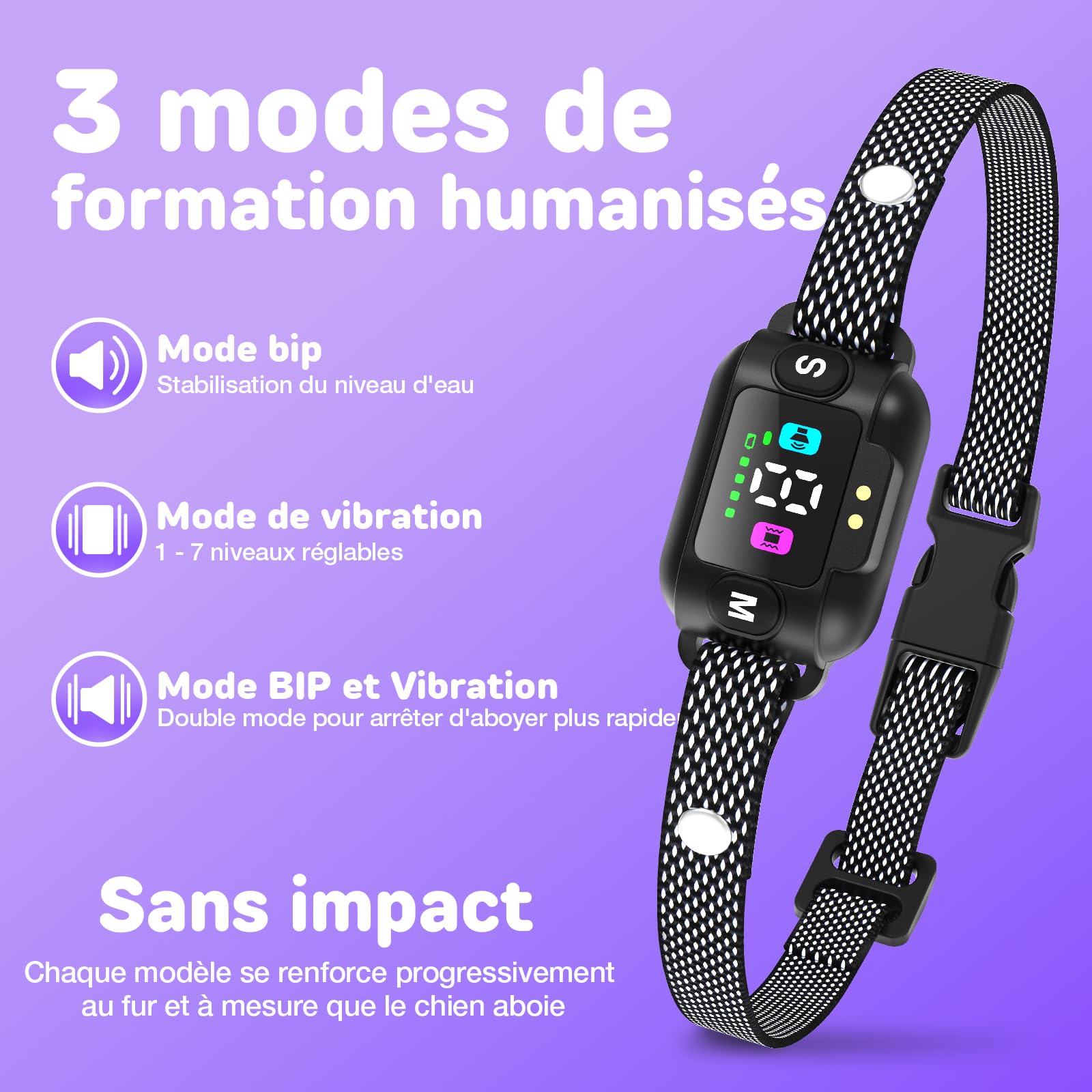 Collar Adiestramiento para Perros - Collar Antiladridos con 3 Modos de Eficiente, Recargable con 7 Niveles de Sensibilidad Ajustables, IP67 Cuello Entrenar Perros Grandes y Pequeños (Negro)