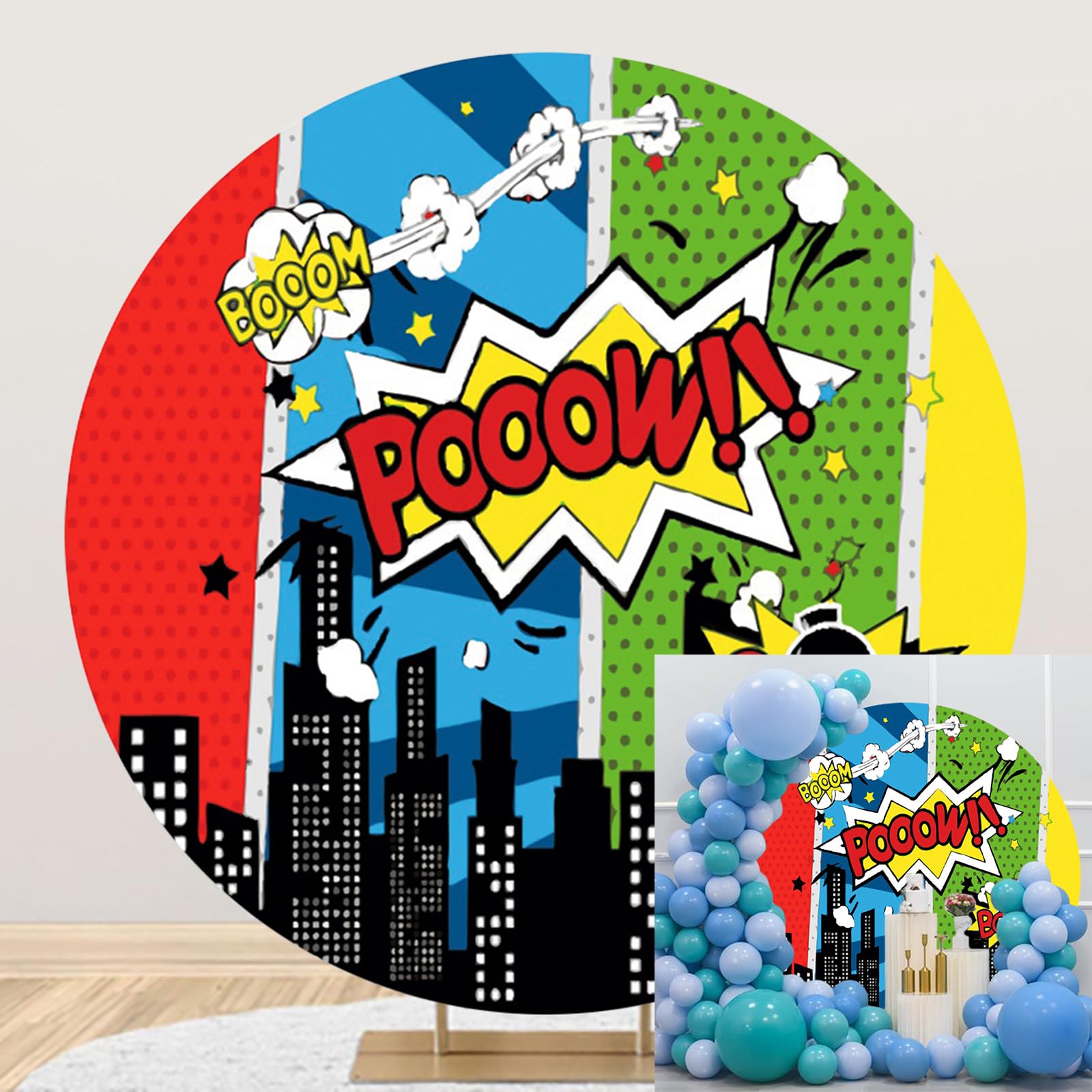 Tintinnante Supereroe Città Sfondo 200cm Fumetto Architettura Notte Rotondo Copertina Cartone Animato Super Boom Fotografia per Neonati Bambini Compleanno Banner