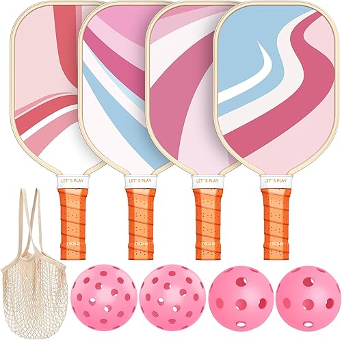 Sprypals Juego de 4 palas de pickleball de madera de primera calidad con 4 bolas de pickleball y 1 bolsa de raquetas de pickleball con agarre