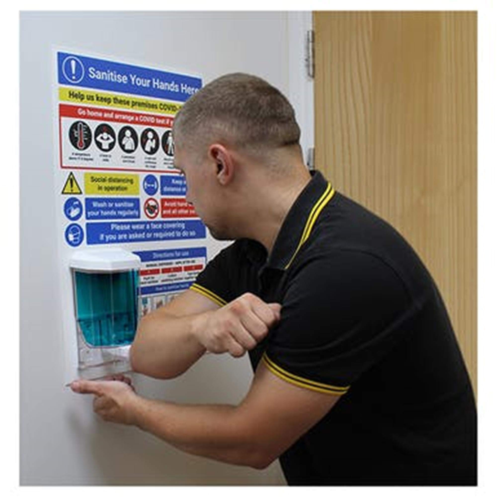 Vsafety Sanitise Hands Here Tableau pour distributeur manuel – 400 mm x 600 mm – Plastique rigide de 2 mm