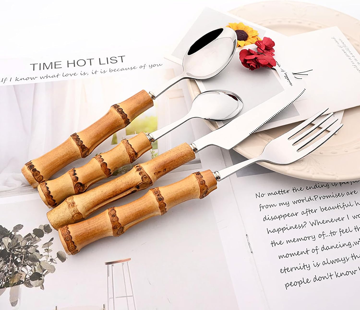 25-PIECE Stianless Steel Tableware Set, Natural Bamboo Silverware Set With Rack, Nice Weight Cutlery Stand Hanging Storage,Service For 6, Mirror Silver