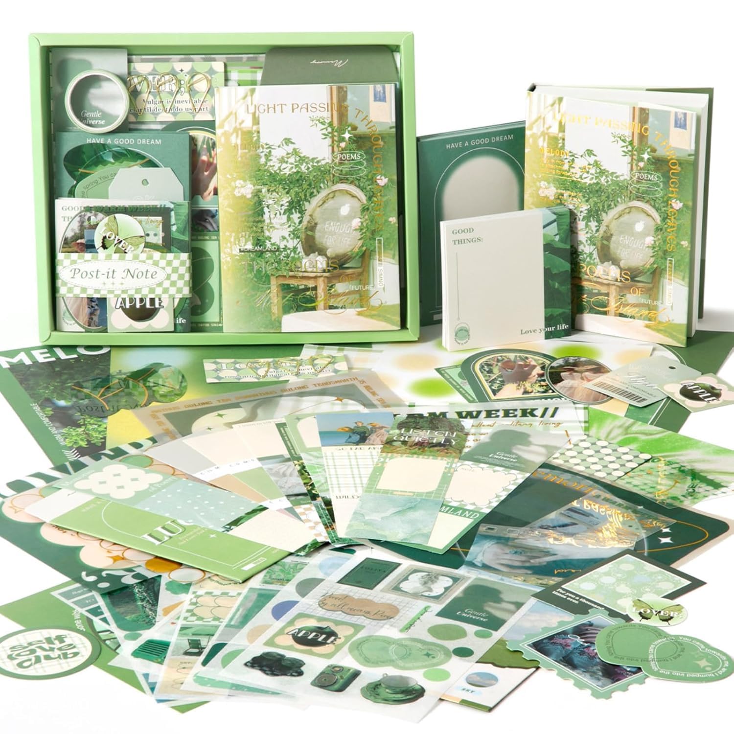 VIBE VISTA Vintage Aesthetic Scrapbook Kit 346 Pcs A6 Grid Notebook Washi Envelopes Scrapbook Papers Folding Labels Background Papers Photo Frames Calendar Stickers (Poetry of Misty Island green)