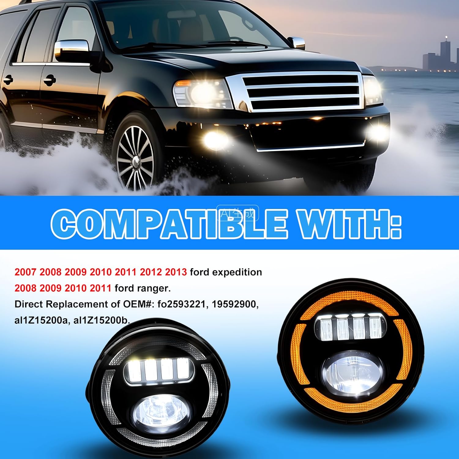 LED Fog Lights Assembly Compatible With 2007-2013 Ford Expedition / 2008-2011 Ford Ranger With Daytime Running Lights and Turn Signal Lights Front Bumper Driving Fog Lamp