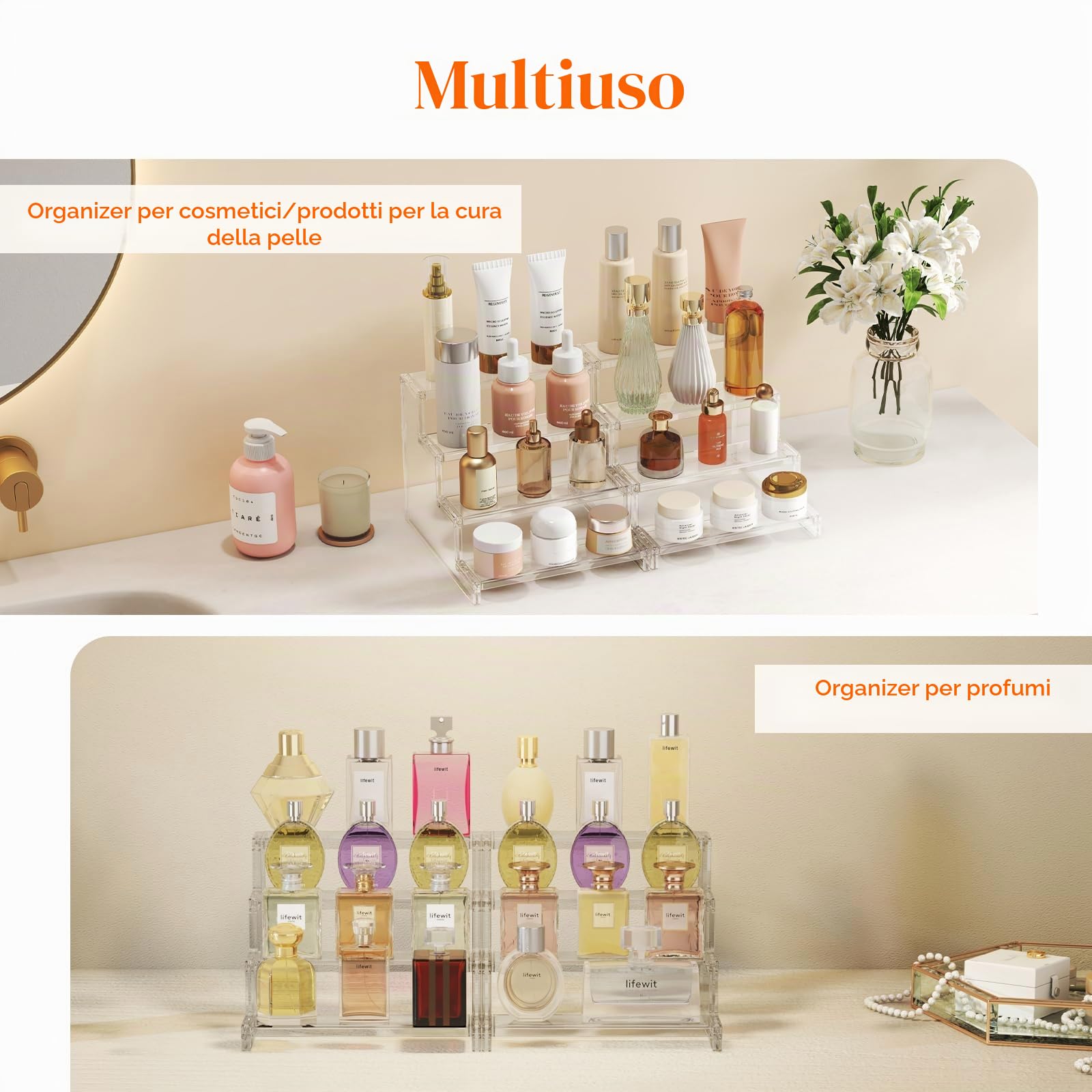 Lifewit Espositore Profumi, Plastica Alzate per Espositori a Scaletta, Trasparente Espositore per Personaggi, Cupcake, Cosmetic, Spezie, 4 Livelli, 1 Confezione, 22.8 cm