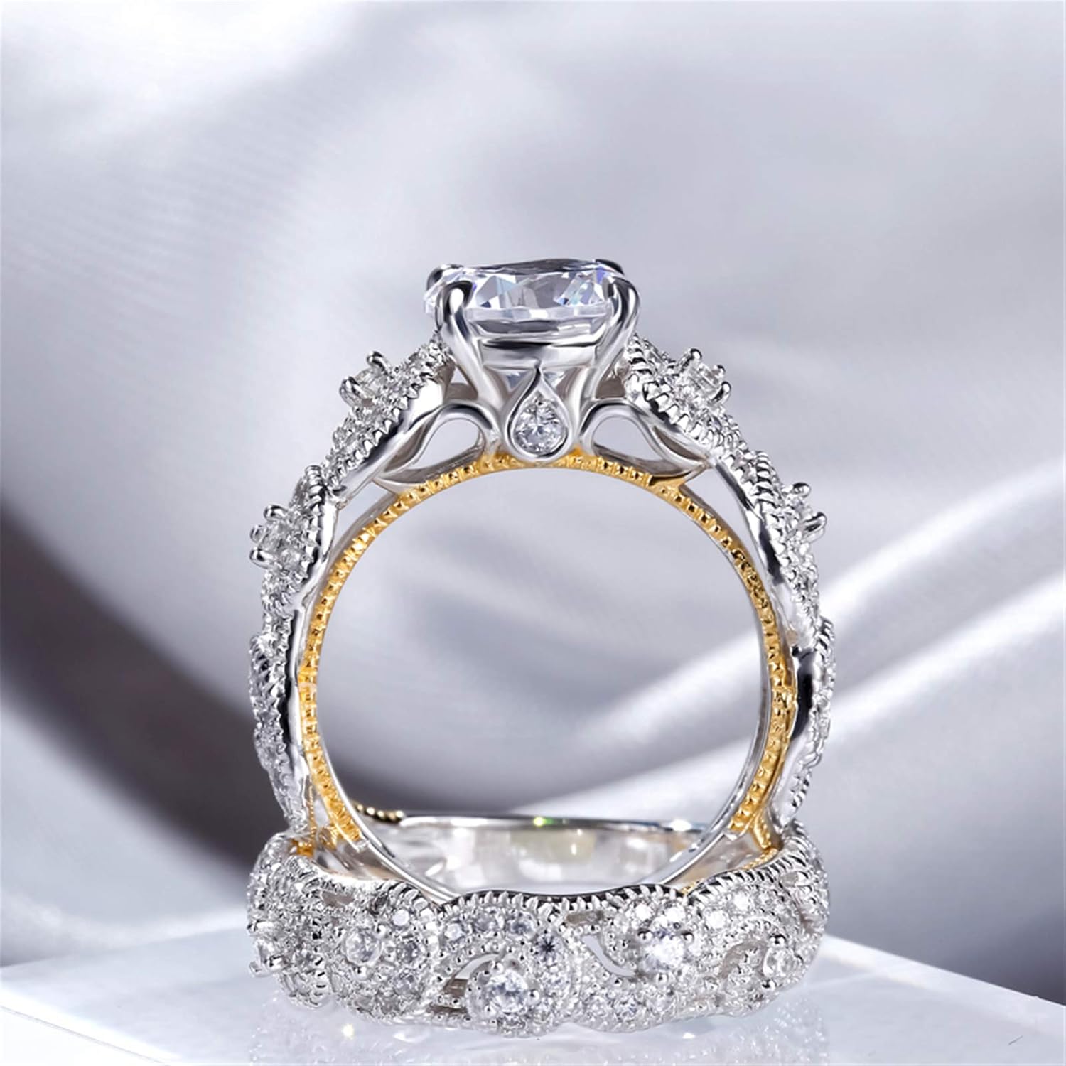 Jeulia Vintage Scrollwork Round Cut Sterling Silver Ring Set for Women Wife Girlfriend Engagement Wedding Anniversary Christmas Birthday with Jewelry Box