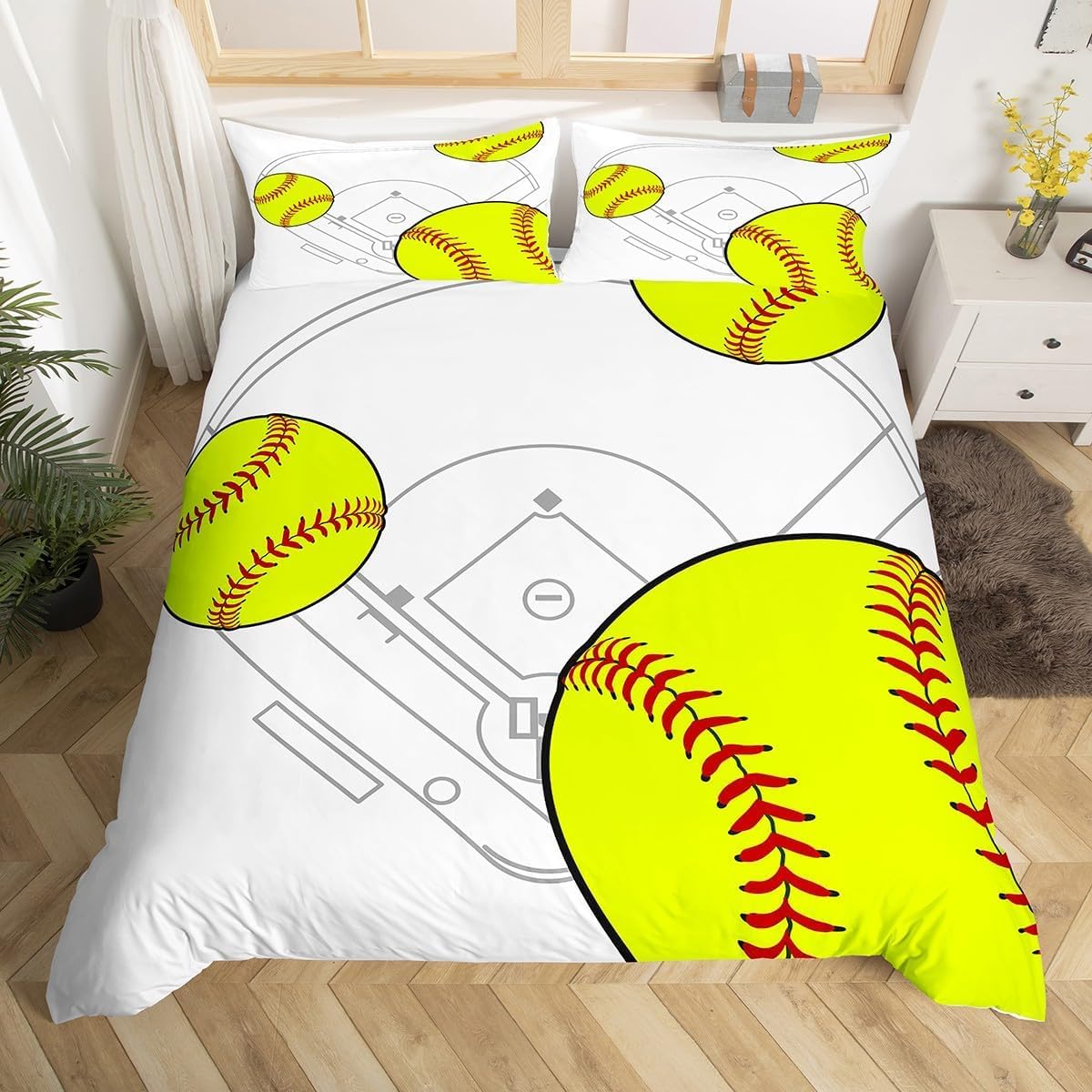 Poszwa na kołdrę 220 x 240 Softball Mężczyzna, Pościel Sportowa piłka z mikrofibry Druk 3D Poszewka Edredon 220x240 cm z zamkiem błyskawicznym i 2 poszewkami na poduszki A-1742