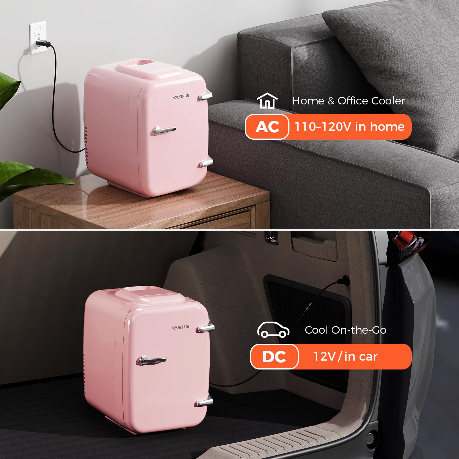 YASHE Mini Fridge, 4 Liter/6 Cans Portable Cooler and Warmer, AC/DC Power Small Fridge, Quiet Desk Skincare Fridge for Beauty Drinks Medicine, Mini Fridge for Bedrooms Office Dorm Car Travel, Pink — view 8