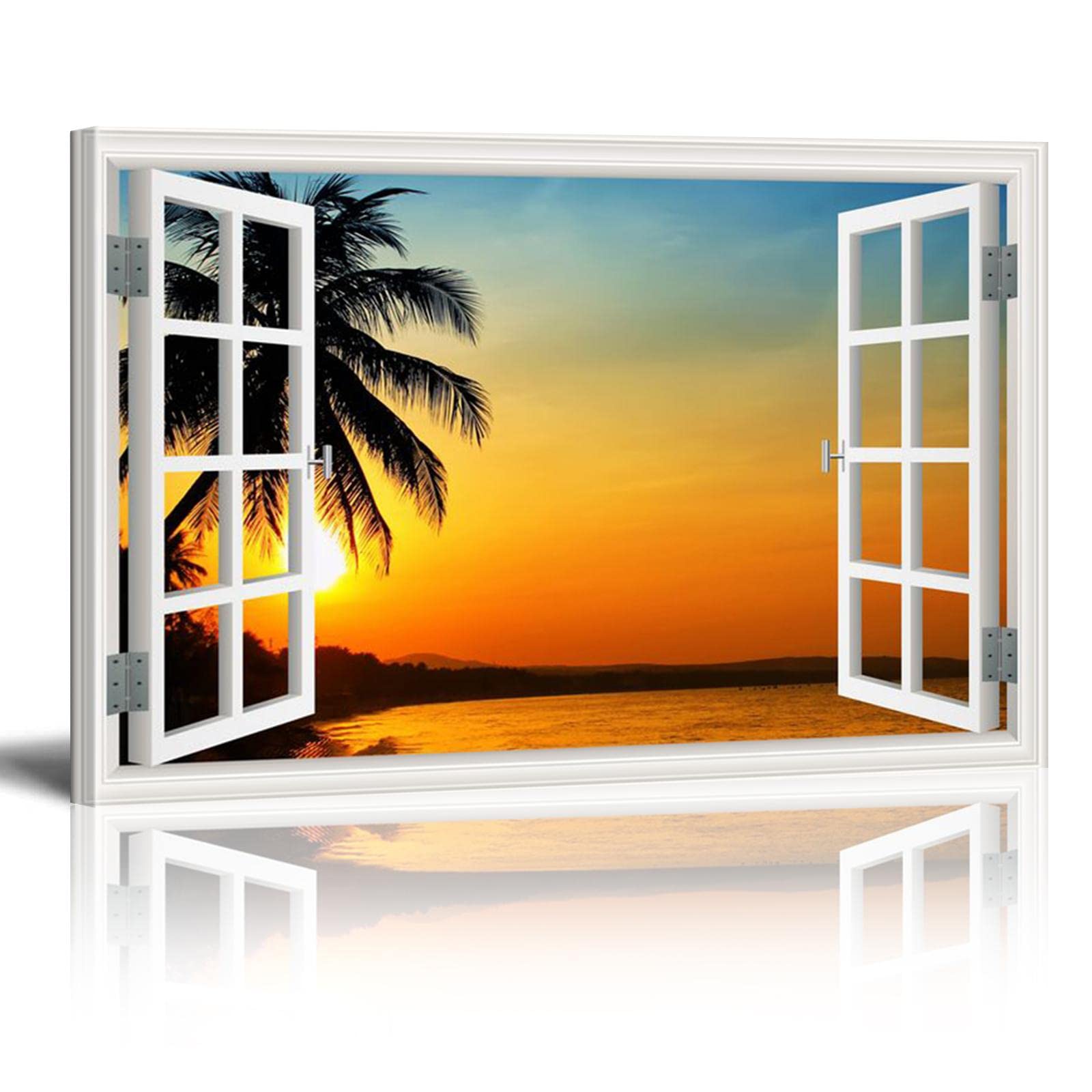 HOLEILUCK Beach Window Mural Canvas Print Wall Art Pictures for Living Room Modern With Frames Ready to Hang 65x40cm/26x16in With Frame — image 1