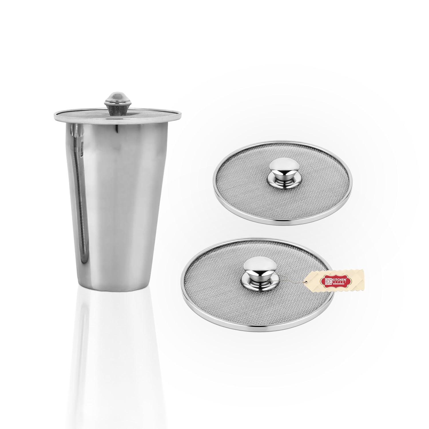 Kitchen Expert Stainless Steel Small Net Lid Set | Set of 3 (9 CM) | Glass Lid/Jali | Net Covers With Knob | Cup/Mugs Lids | Steel Round Shape Net Coasters | Strong & Sturdy Handle | Steel Net Ciba