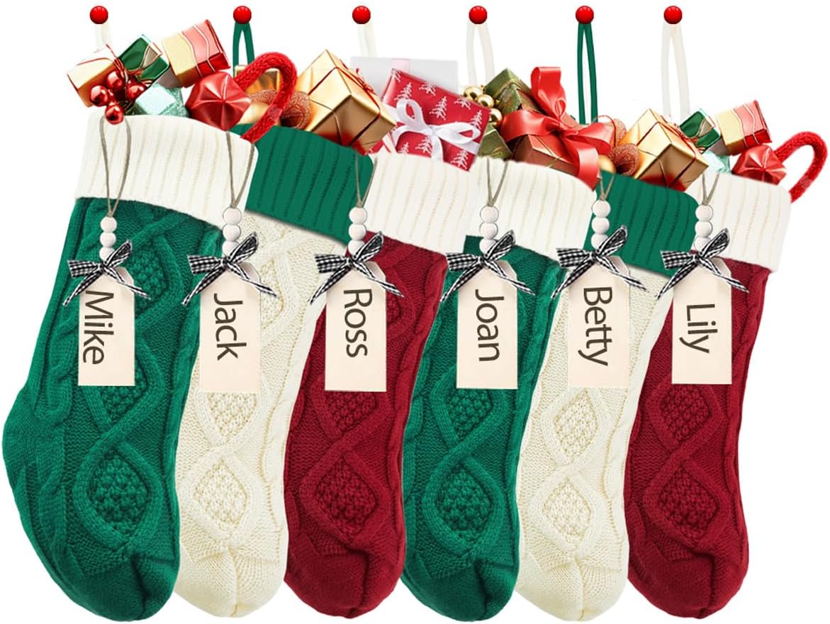 6 Pack Christmas Stockings with Name Tags, 18Inches Large Cable Knitted Personalized Xmas Stocking for 2024 Xmas Kids Gift, Family Fireplace Holiday Party Decoration R&G&W(6 Pc)