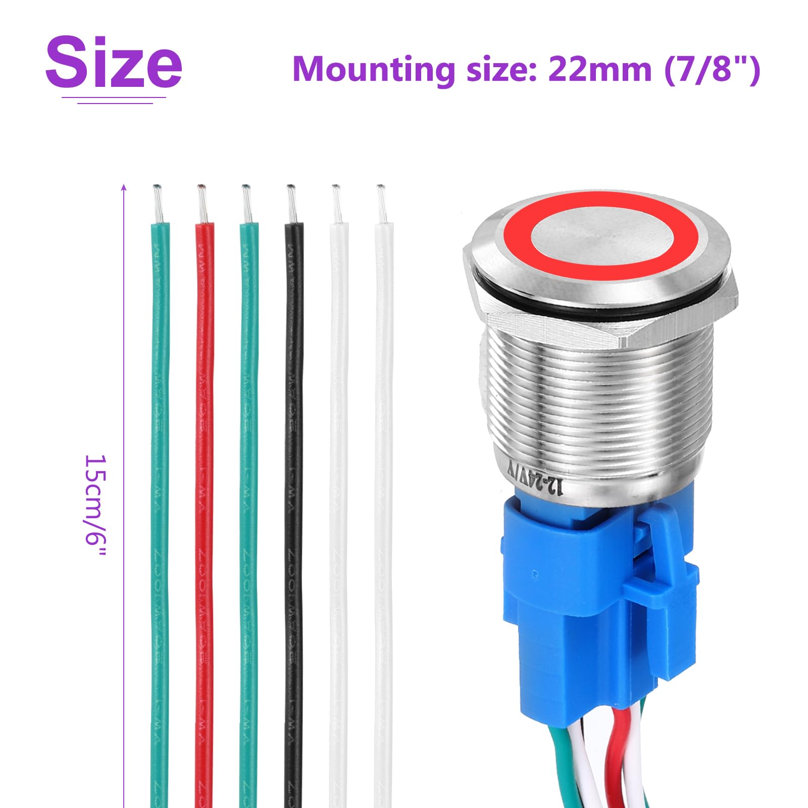 DMiotech 1 Pcs 7/8" Stainless steel Momentary Push Button Switch 5Pin 1NO1NC 5A 12-24V Silver Flat Button Red Ring Lamp with Socket Plug with Wire for Car Boat Systems - Image 4