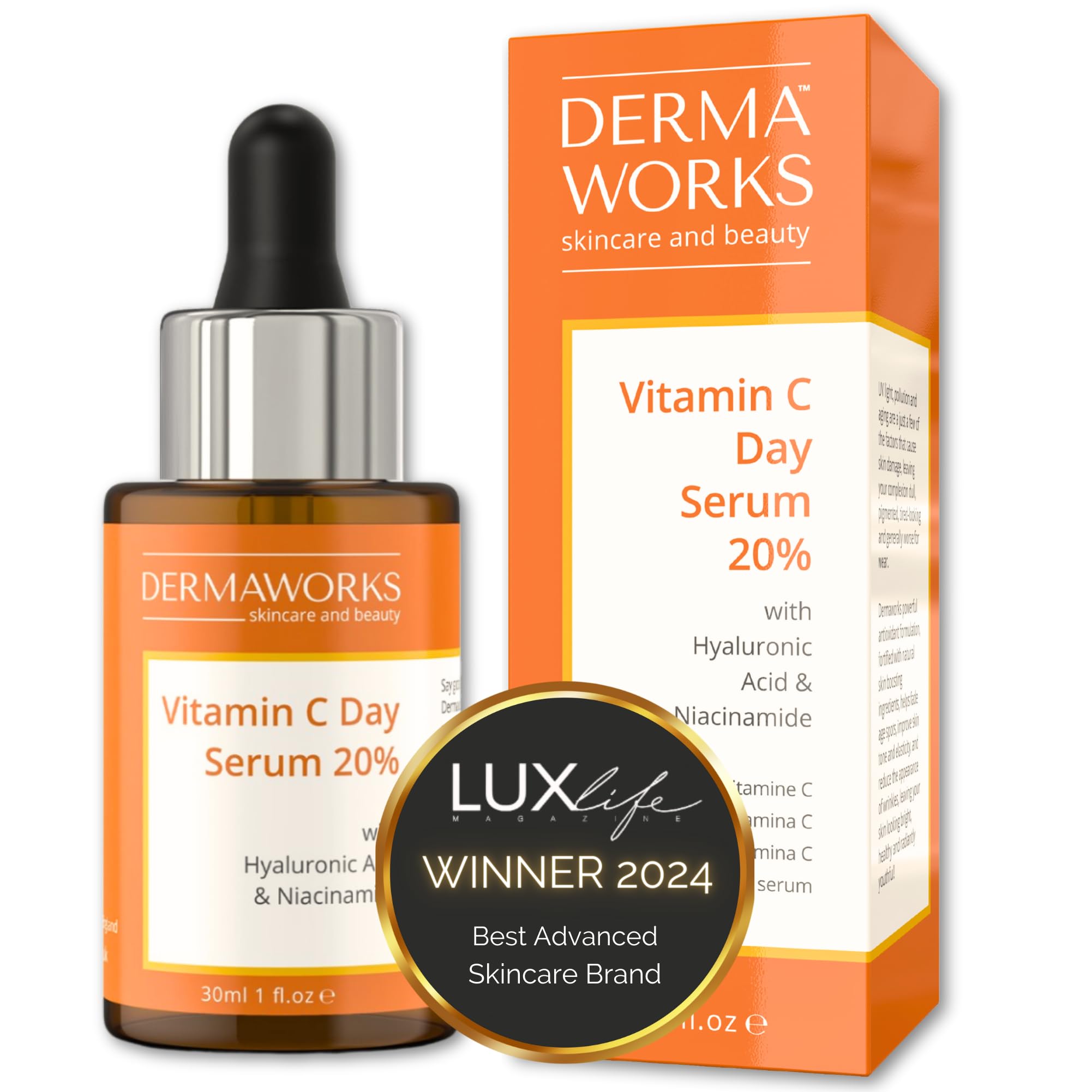 DERMAWORKS Serum Vitamina C 20% + Acido Hialuronico y Niacinamida Serum Facial Mujer et Hombre Skin Care Anti Arugas Antiedad Serum Vitamina C Serum Hidratante Facial para Piel Firme y Joven 30ml