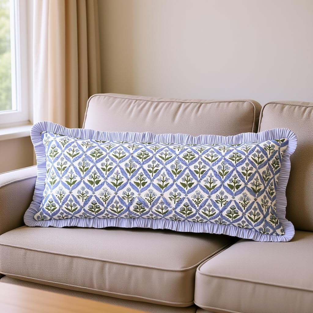 Ridhi Light Steel Blue 100% Cotton Block Print Ruffle Sham Cover Handmade Boho Floral Pillowcase, Farmhouse Cottagecore Bedding, Soft Decorative Cushion Cover for Bedroom Décor 14 x 36 Inch Light Steel Blue 36" x 14" (Pack of 1)