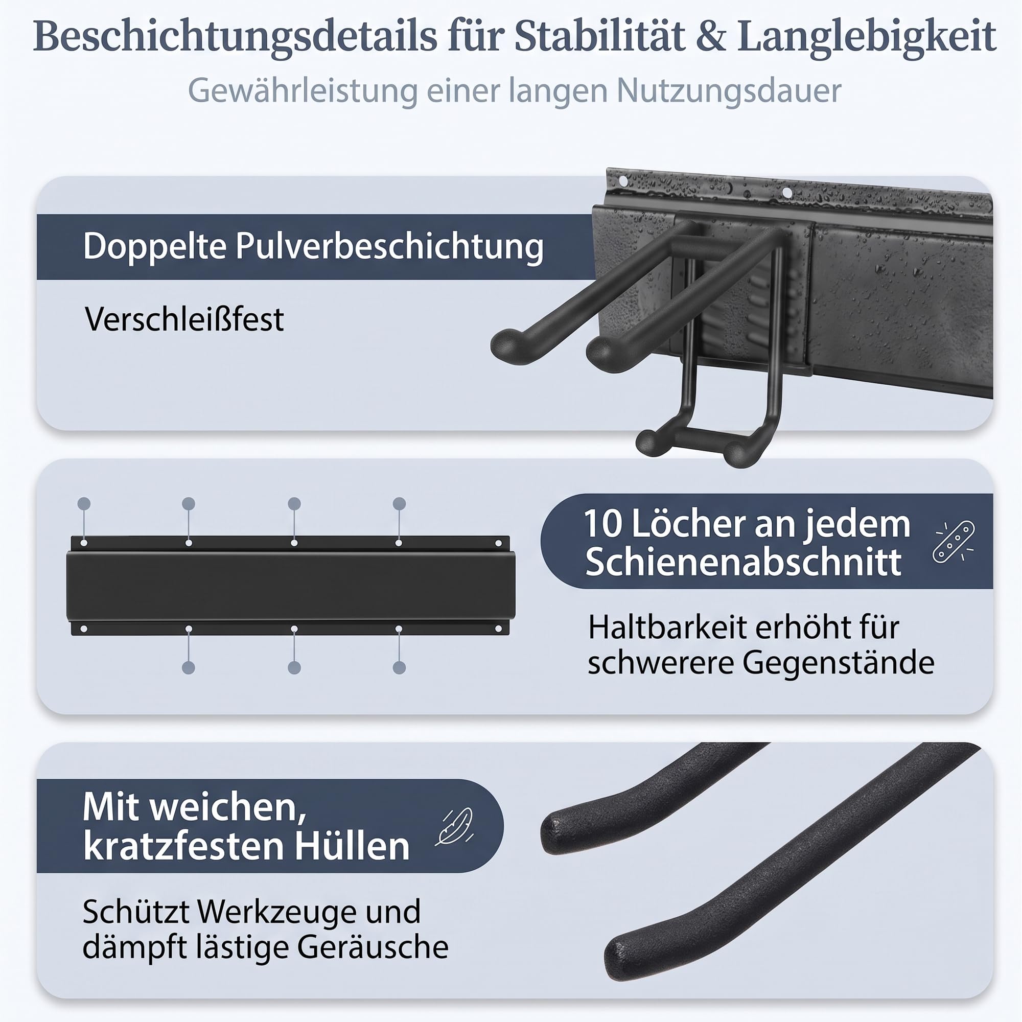 Gerätehalter Wandhalterung 122cm, 160kg Schwerlast, Gartengeräte & Skihalterung | 6 verstellbare Haken, Anti-Rutsch-Beschichtung, multifunktional (Garten & Ski), Hochleistungs-Stahl