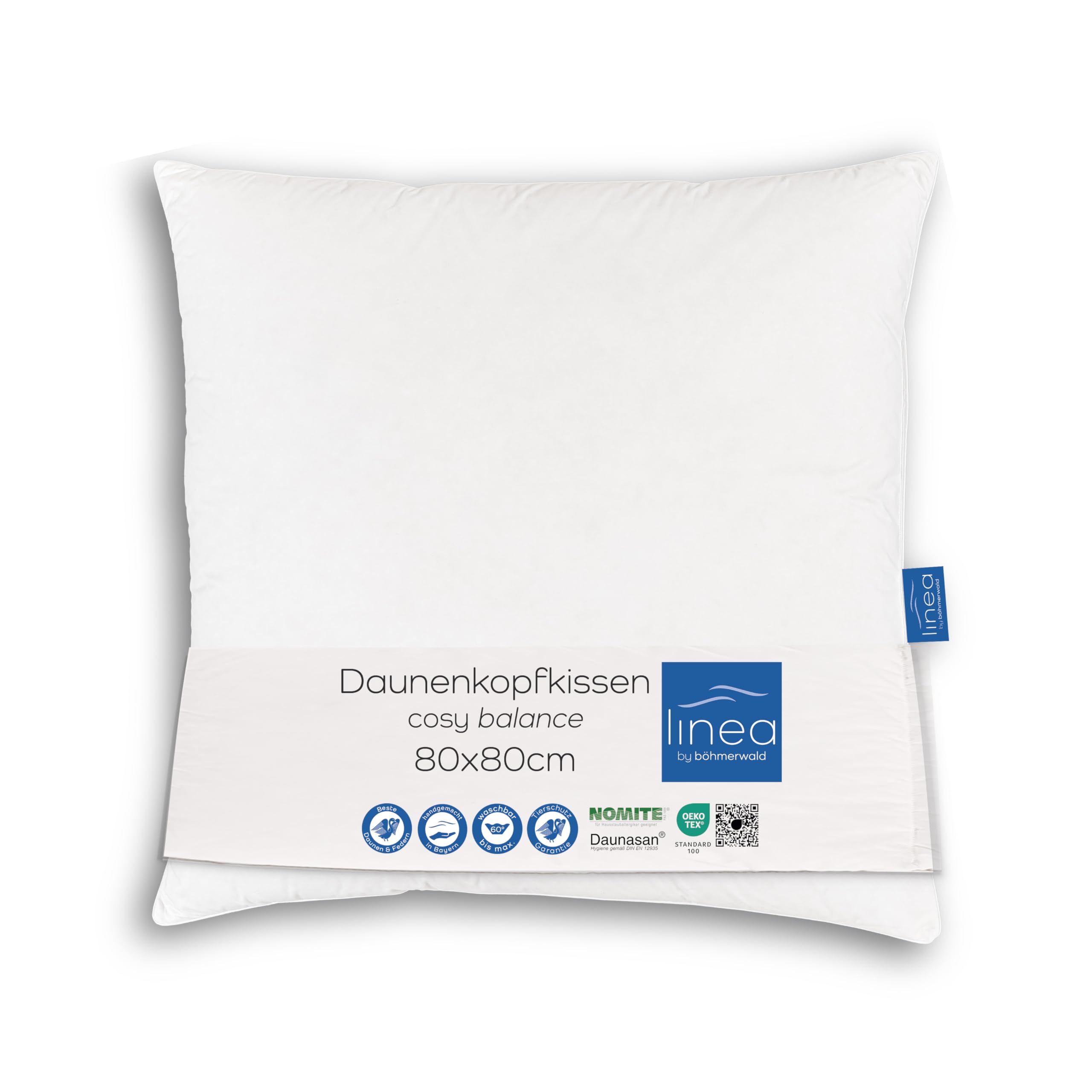LINEA by böhmerwald - cosy - hochwertiges Kopfkissen balance, 80x80, 70% Federn Klasse 1, 30% kuschlige neue Daunen, Allergiker geeignet, waschbar bis 60°C, in Deutschland produziert