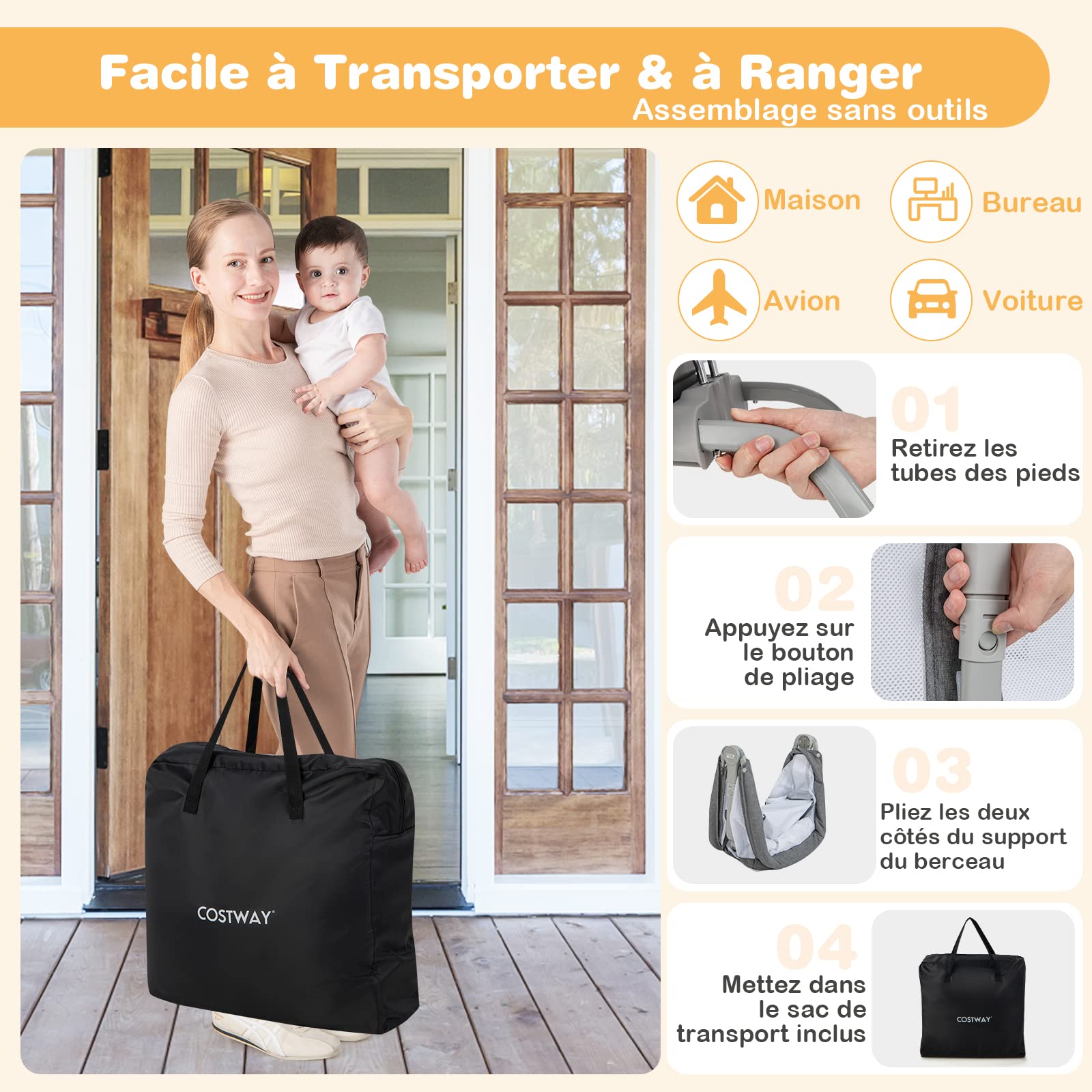 COSTWAY Berceau Bébé Pliable avec Matelas Moelleux de 2,5 cm, Lit de Voyage avec Inclinaison Réglable, Mode Berçant & Stationnaire, Maille Respirante, Sac de Transport, Charge 9 KG, 0-6 Mois