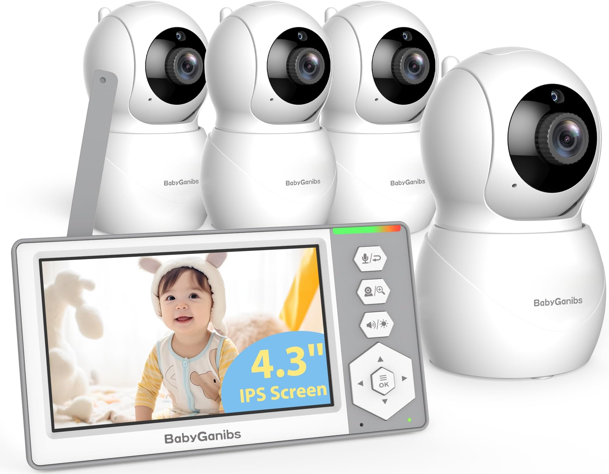 Baby Monitor with 4 Cameras Standby for 23-Hour Battery, Remote Control 4.3'' IPS Video Baby Monitor No WiFi Up to 1000ft Range, ECO, Night Vision, Temperature, 2-Way Talk, 8 Lullabies