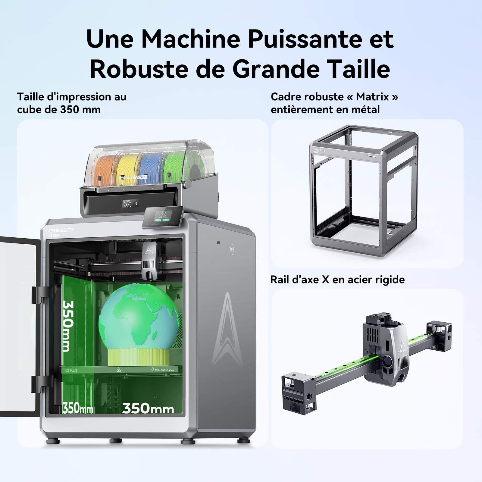Creality K2 Plus Combo Imprimante 3D, Impression Multicolore avec CFS, 600 mm/s Haute Vitesse, Double Caméra Al, Mise à Niveau Entièrement Automatique, Volume de Construction 350 x 350 x 350 mm