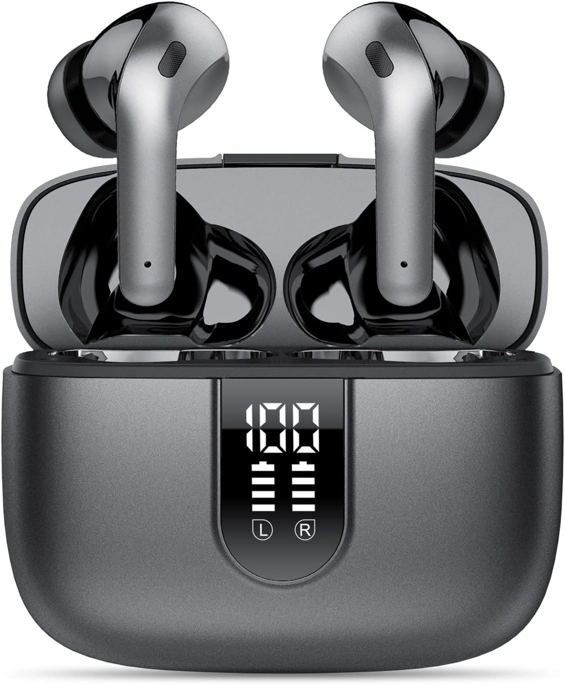 taopod X08 Wireless Earbuds in their charging case with LED display.