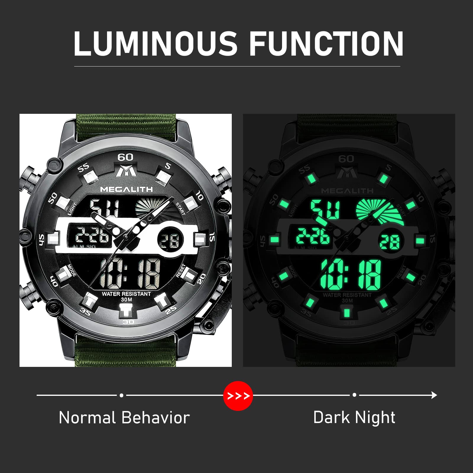MEGALITH Mens Watches Waterproof Digital Military Sport Tactical Multifunction Heavy Duty Led Rugged Watch for Men, Alarm Stopwatch, Nylon/Leather Strap