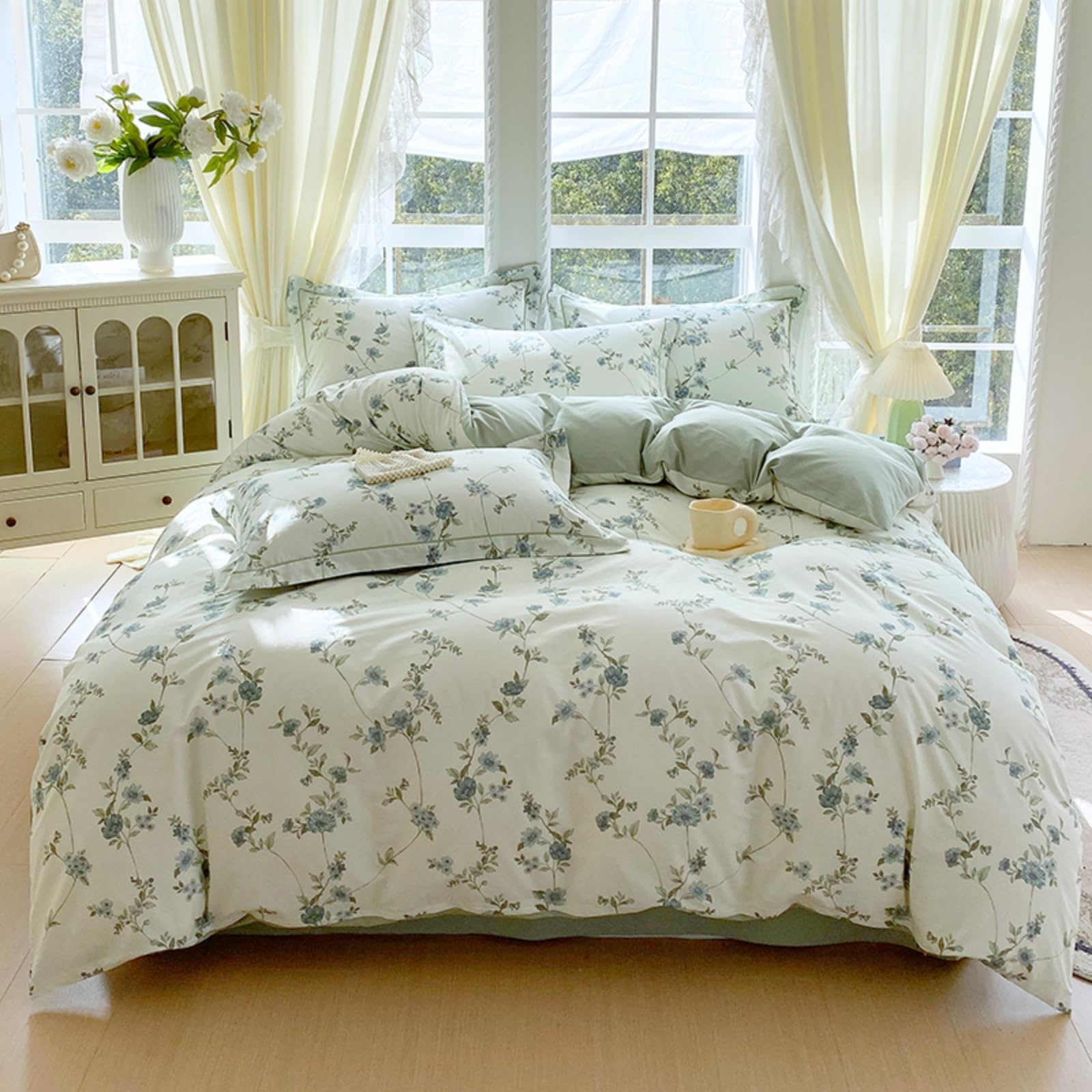 USTIDE Floral Duvet Cover Set Double Size 100% Cotton Blue Flower Bedding Set with Pillowcases, Soft Breathable Bed Cover Set for Bedroom — image 1