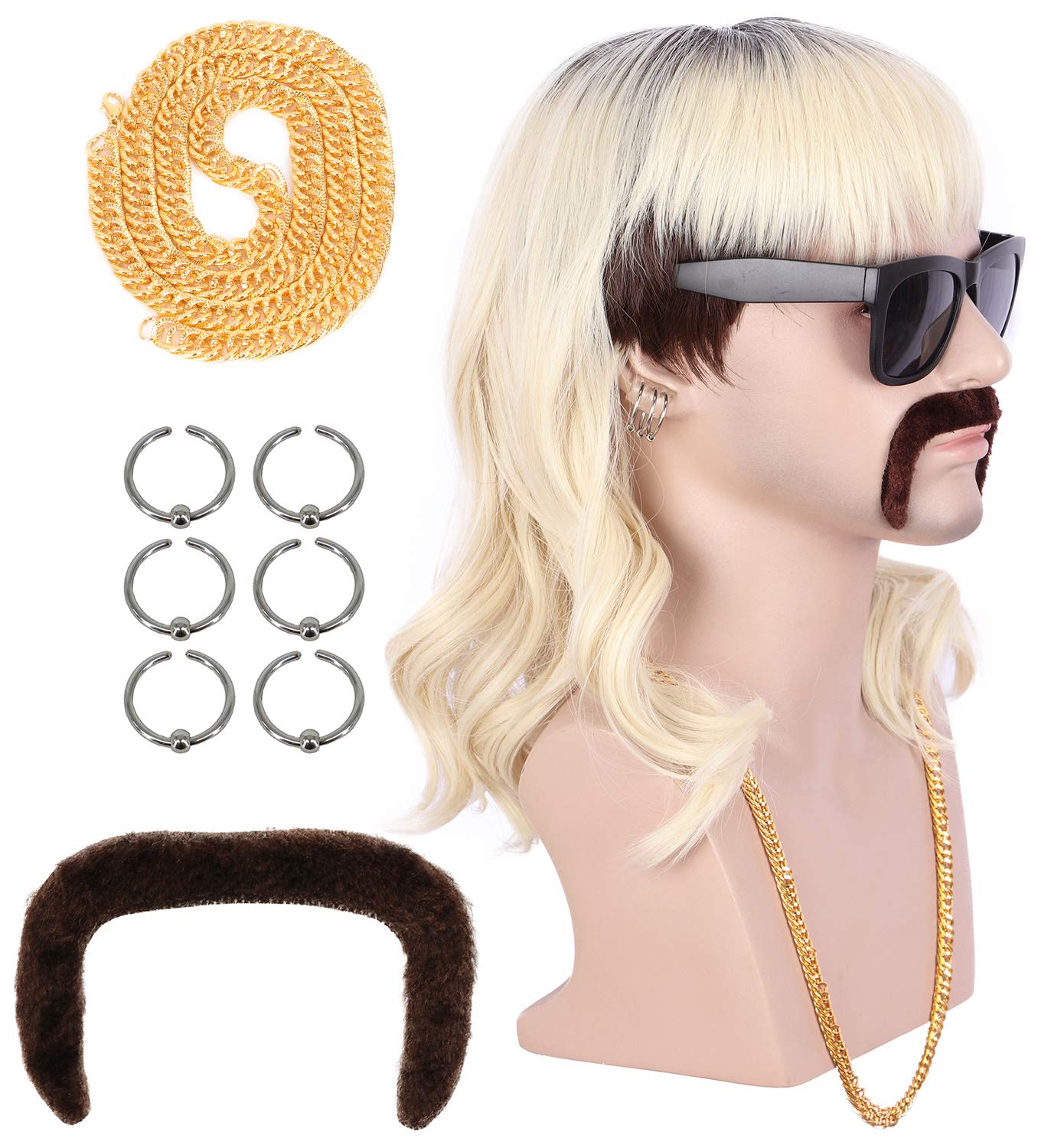 VGbeaty 70s 80s Adult Men Long Curly Black Root Beige Mullet Mutsache Wig with Gold Necklace and 6 Earrings Halloween Costume Cosplay Wig