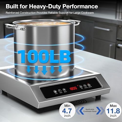 Vista 4 de Placa de cocción de inducción comercial de 1800 W, quemador eléctrico de encimera de acero inoxidable de 120 V con panel táctil digital
