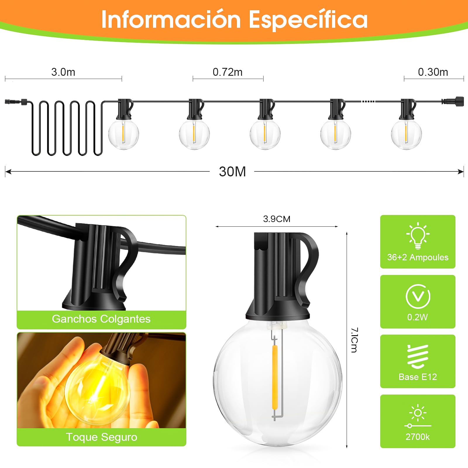 Guirnaldas Luces LED Exterior Jardín 30M/98FT - LED Cadena de luz G40 Bombillas IP44 Impermeable Dimmable Guirnalda iluminacion para Garten Patio Terraza Fiesta