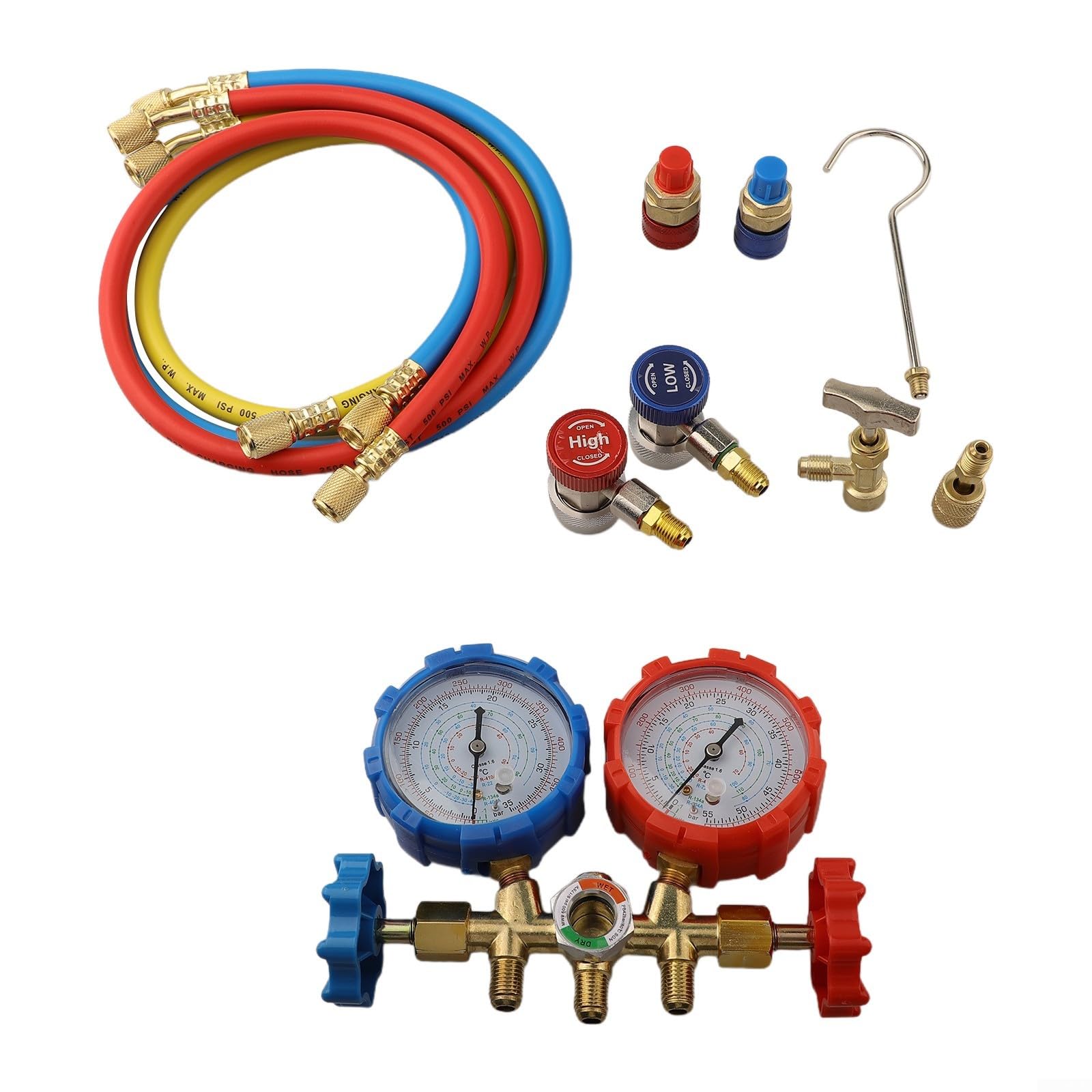 Manometer-Set für Klimaanlage, Messgerät aus Messing mit 3 Schläuchen, Werkzeug zum Prüfen und Befüllen für R410A R404A R134a, inkl. Haken und Adapter, Diagnose-Kit für KFZ und Haushalt(C)
