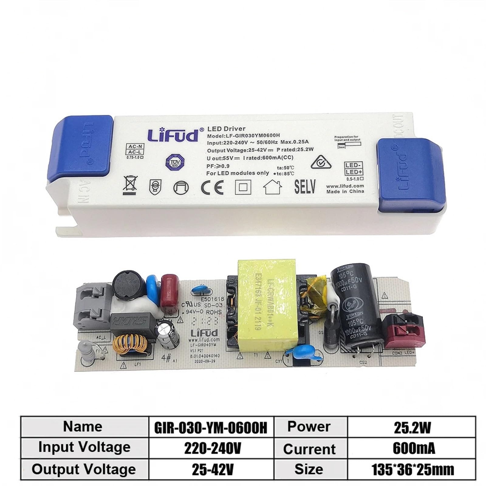 1PCS LED Driver 25W-31W 600mA 650mA 700mA 750mA LF-GIR030YM 25-42V Illuminazione di isolamento a corrente costante ad alto PF(LF-GIR030YM0600H,5pcs)